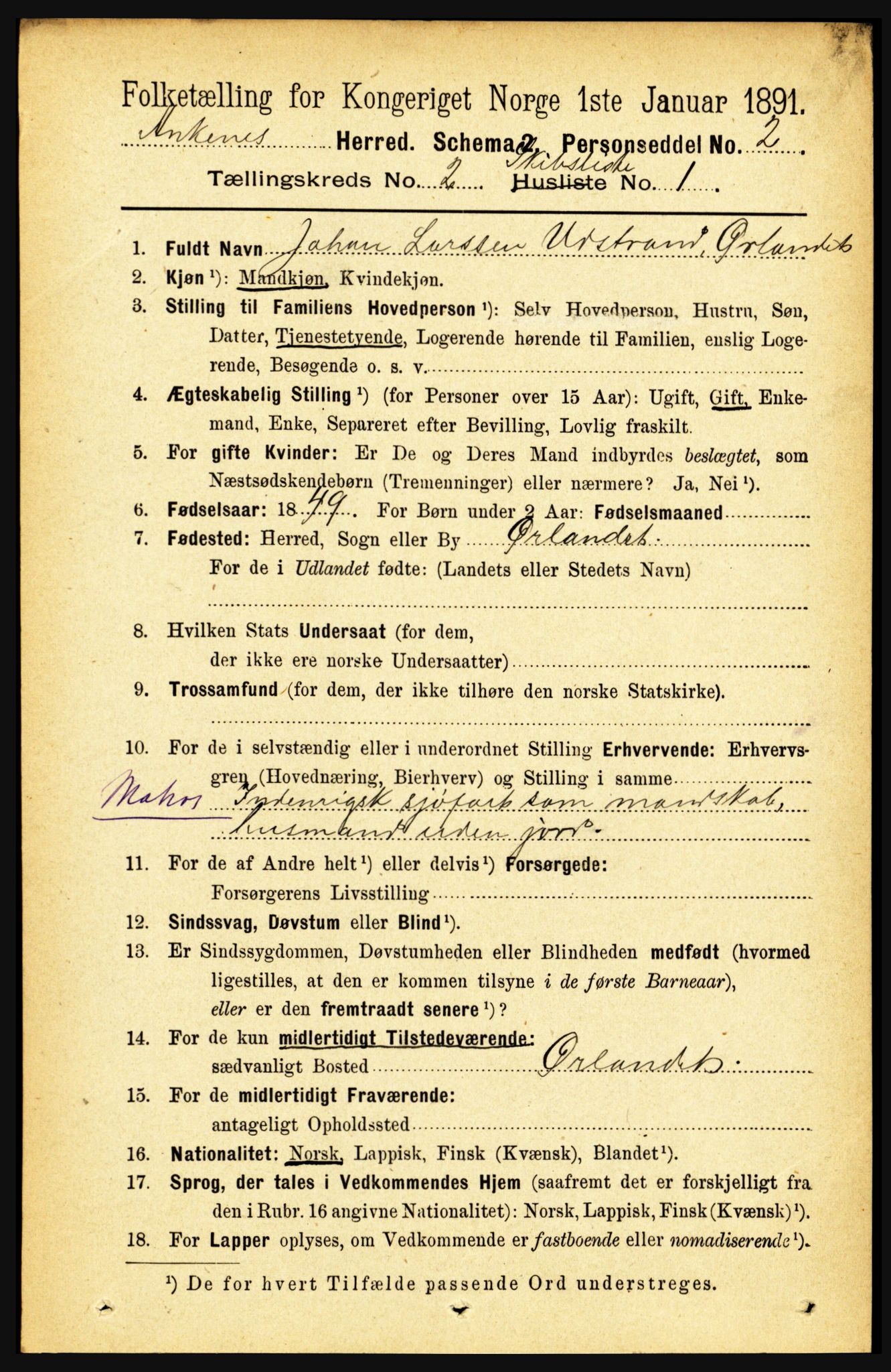 RA, 1891 census for 1855 Ankenes, 1891, p. 1400