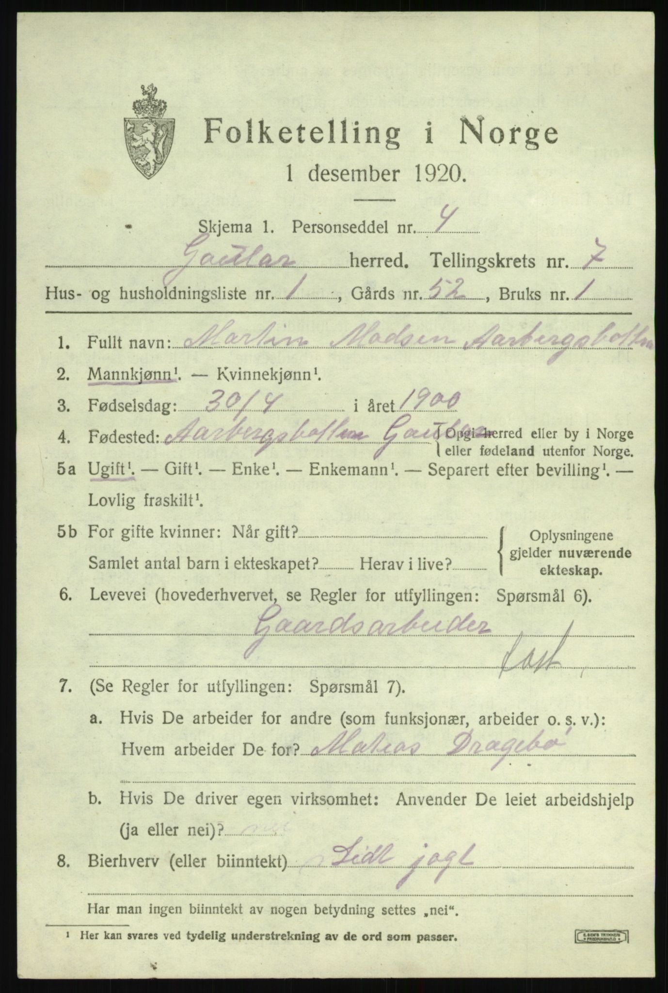 SAB, 1920 census for Gaular, 1920, p. 3448