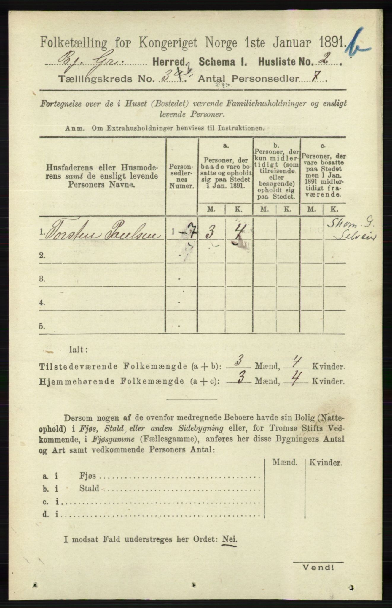 RA, 1891 census for 1024 Bjelland og Grindheim, 1891, p. 1750