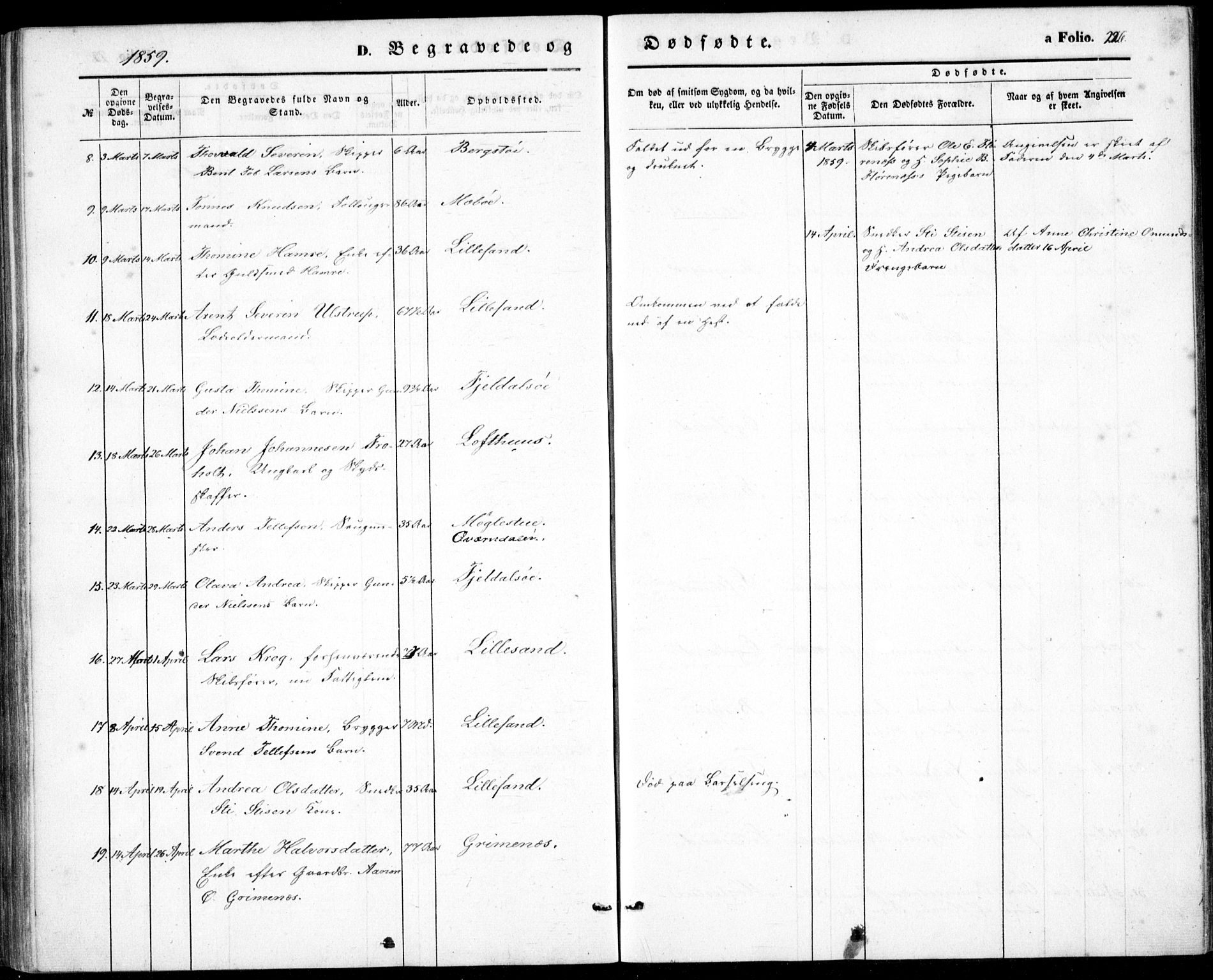 Vestre Moland sokneprestkontor, AV/SAK-1111-0046/F/Fb/Fbb/L0003: Parish register (copy) no. B 3, 1851-1861, p. 226