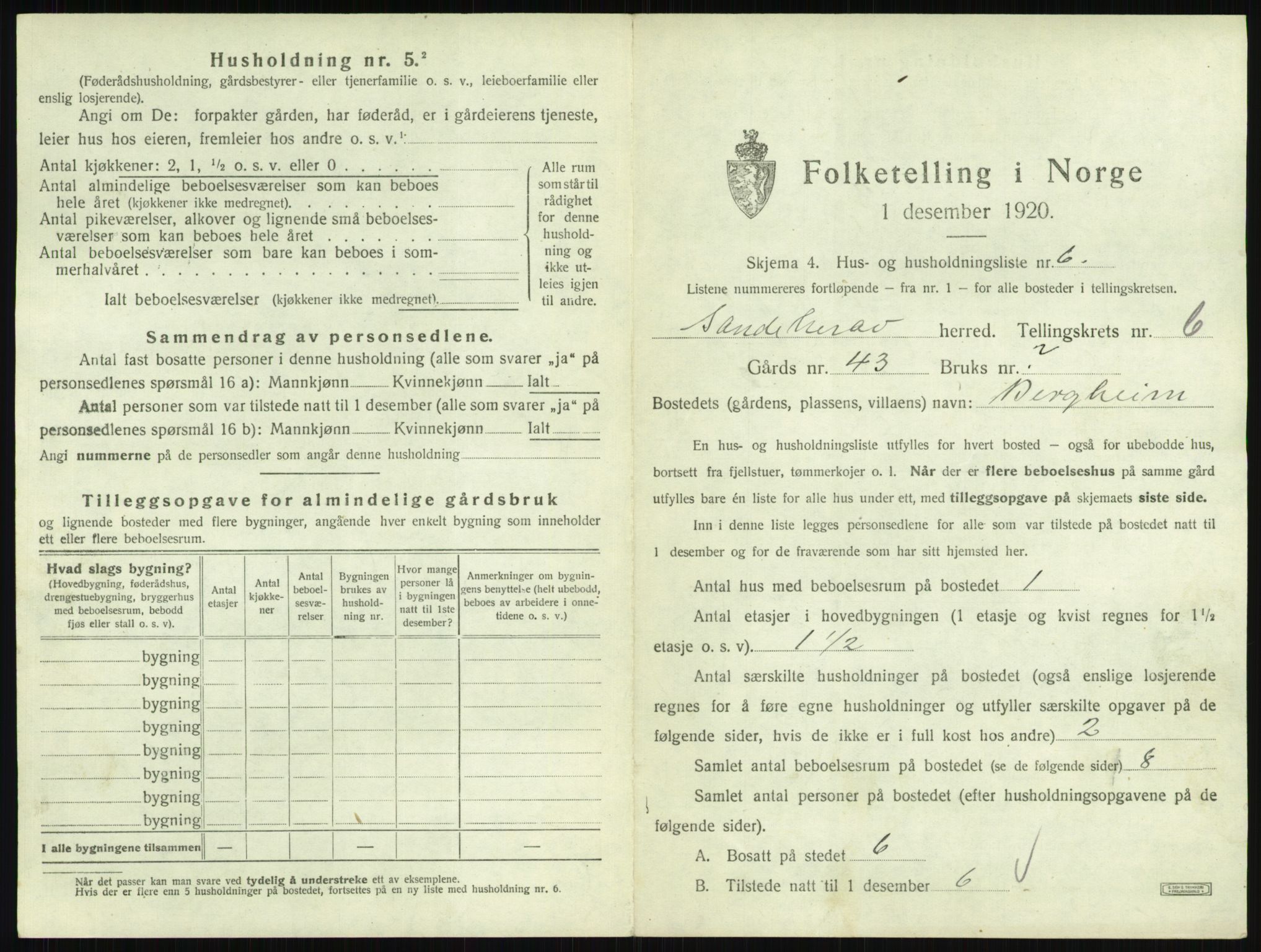 SAKO, 1920 census for Sandeherred, 1920, p. 1124
