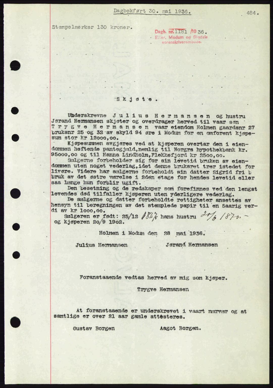 Eiker, Modum og Sigdal sorenskriveri, SAKO/A-123/G/Ga/Gab/L0032: Mortgage book no. A2, 1936-1936, Diary no: : 1181/1936