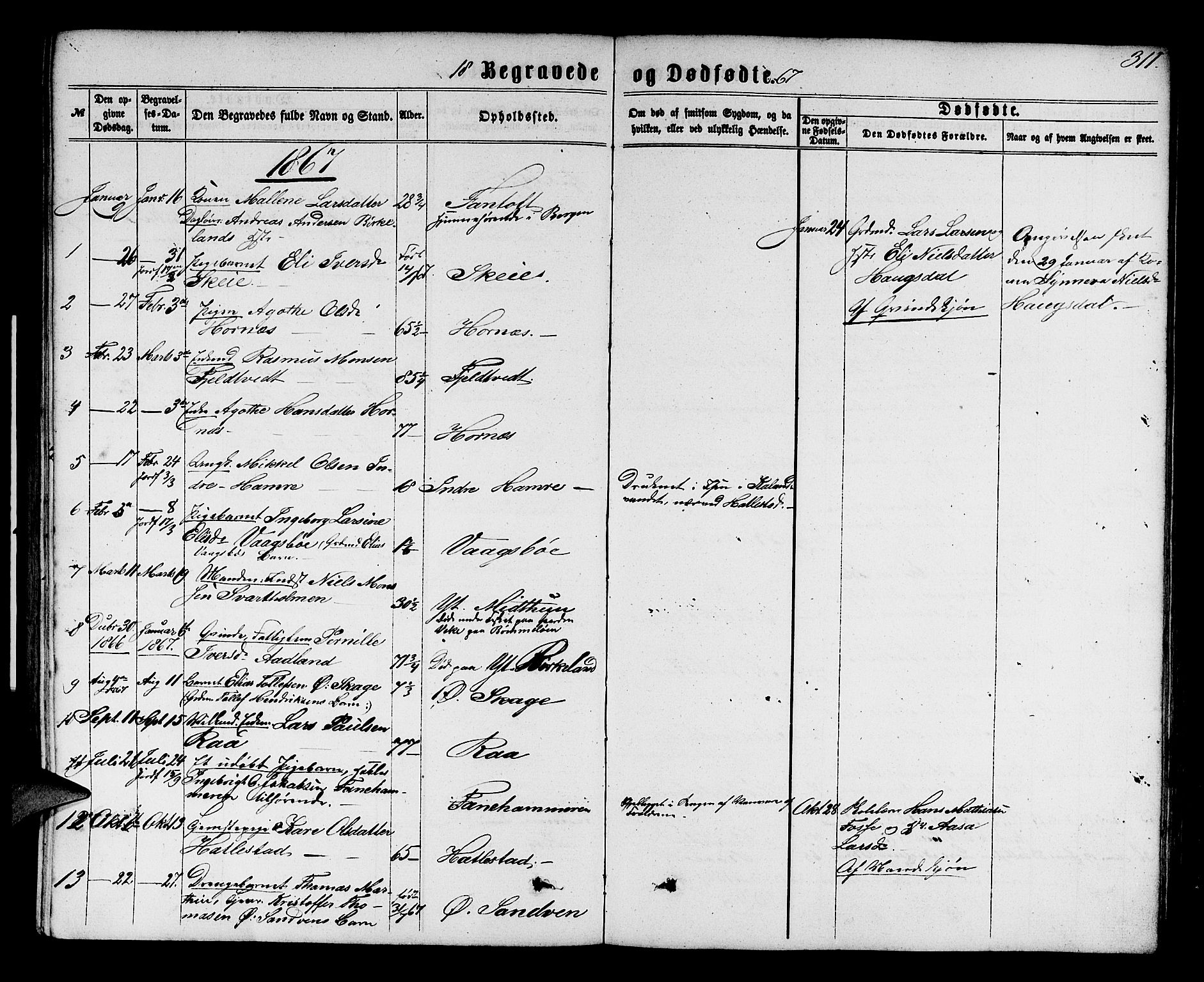 Fana Sokneprestembete, SAB/A-75101/H/Hab/Habb/L0003: Parish register (copy) no. B 3, 1861-1888, p. 311