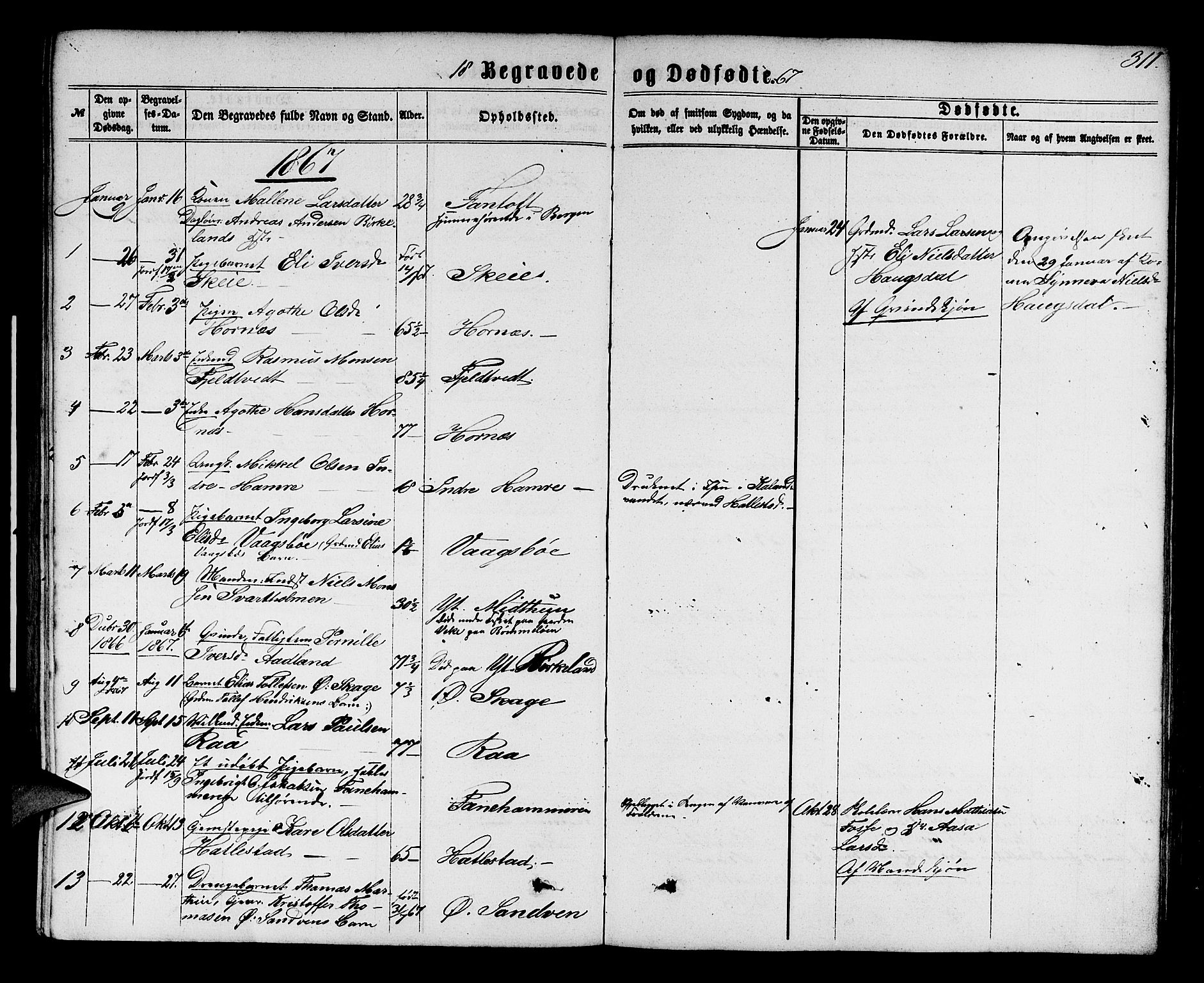 Fana Sokneprestembete, AV/SAB-A-75101/H/Hab/Habb/L0003: Parish register (copy) no. B 3, 1861-1888, p. 311