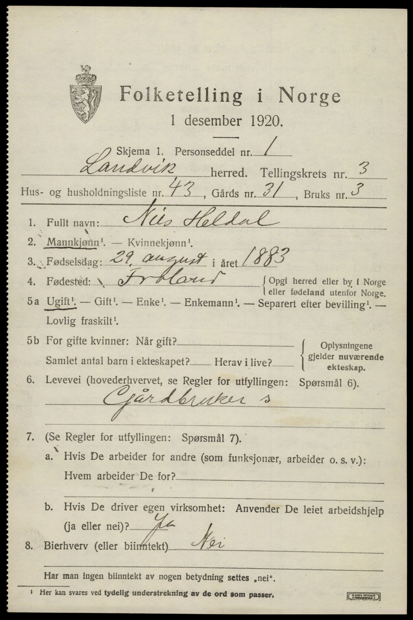 SAK, 1920 census for Landvik, 1920, p. 3318