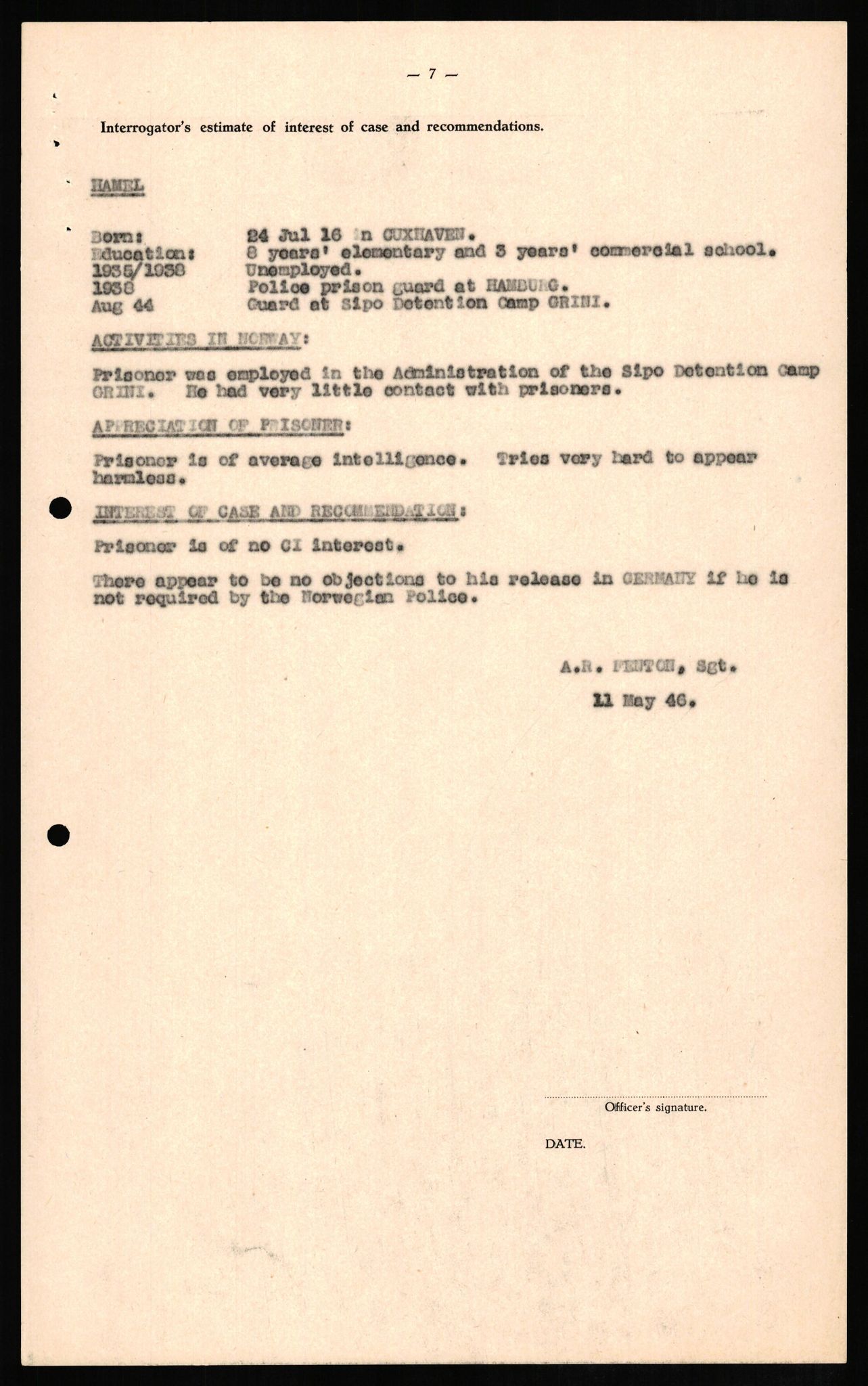 Forsvaret, Forsvarets overkommando II, AV/RA-RAFA-3915/D/Db/L0011: CI Questionaires. Tyske okkupasjonsstyrker i Norge. Tyskere., 1945-1946, p. 384