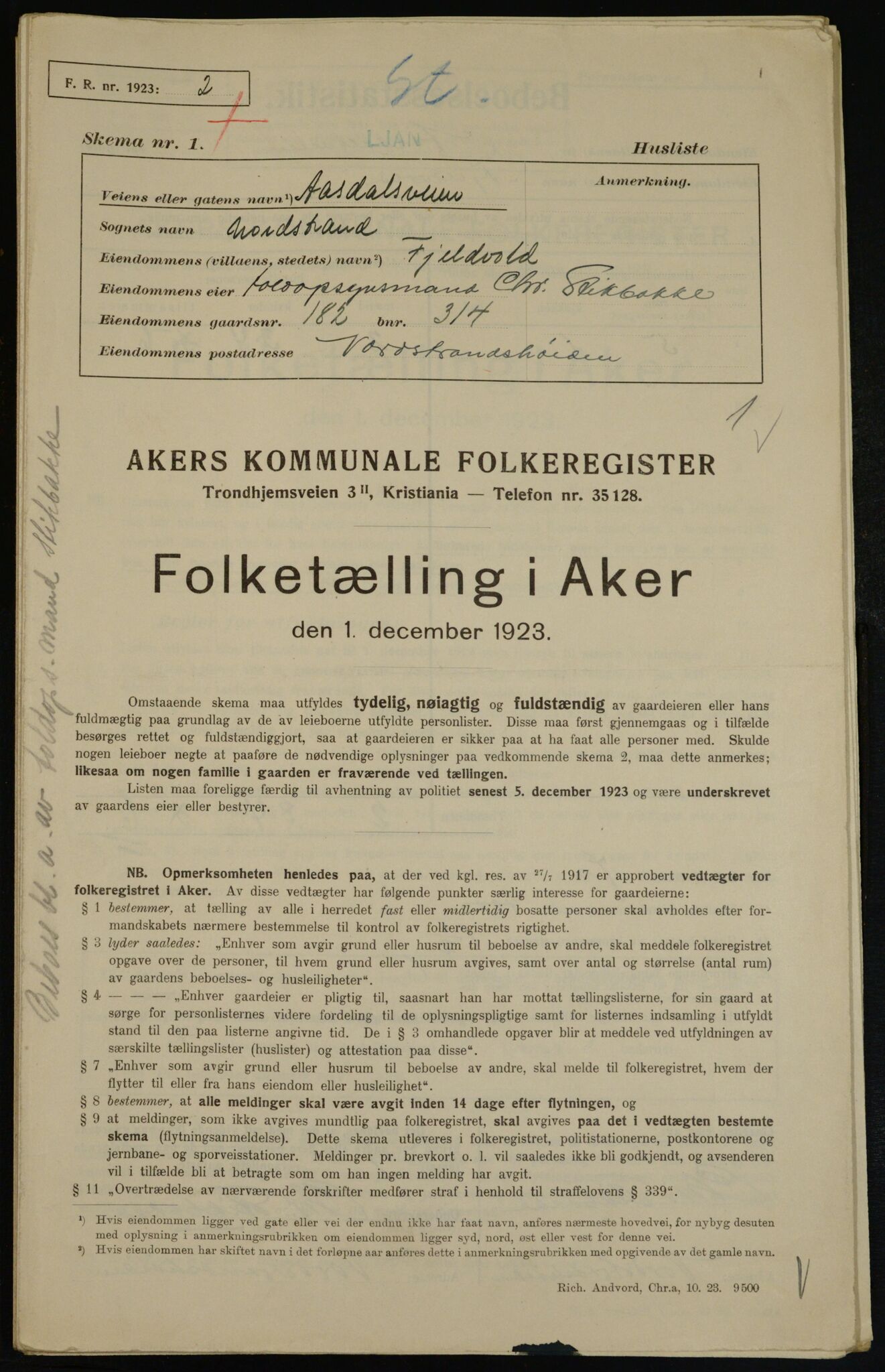 , Municipal Census 1923 for Aker, 1923, p. 36667