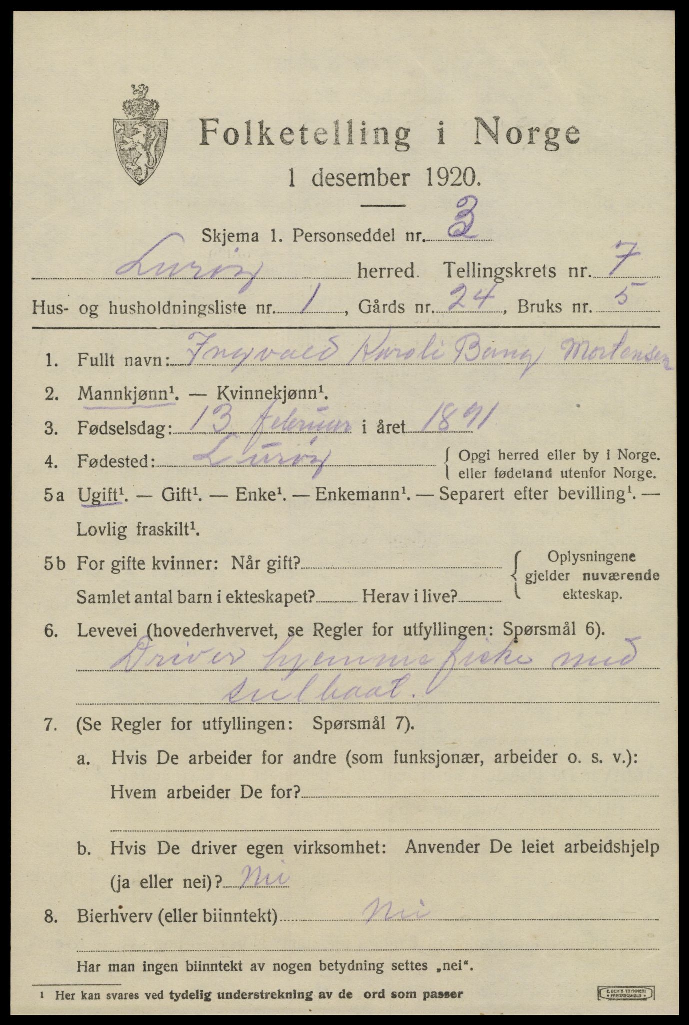 SAT, 1920 census for Lurøy, 1920, p. 3599