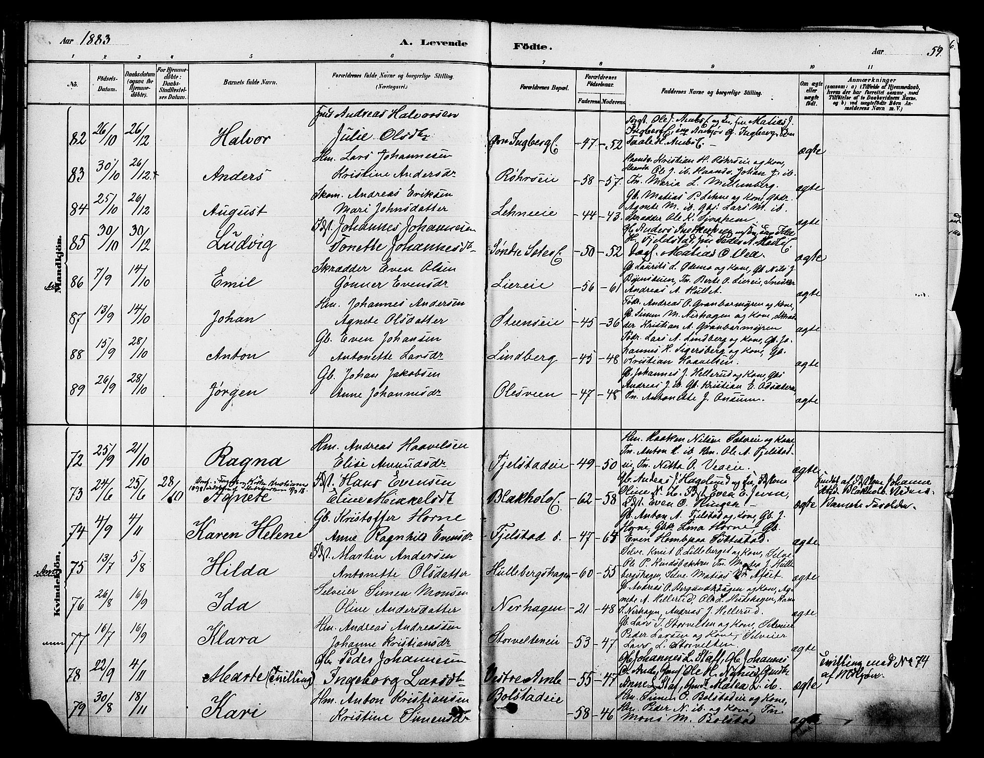 Ringsaker prestekontor, SAH/PREST-014/K/Ka/L0012: Parish register (official) no. 12, 1879-1890, p. 59