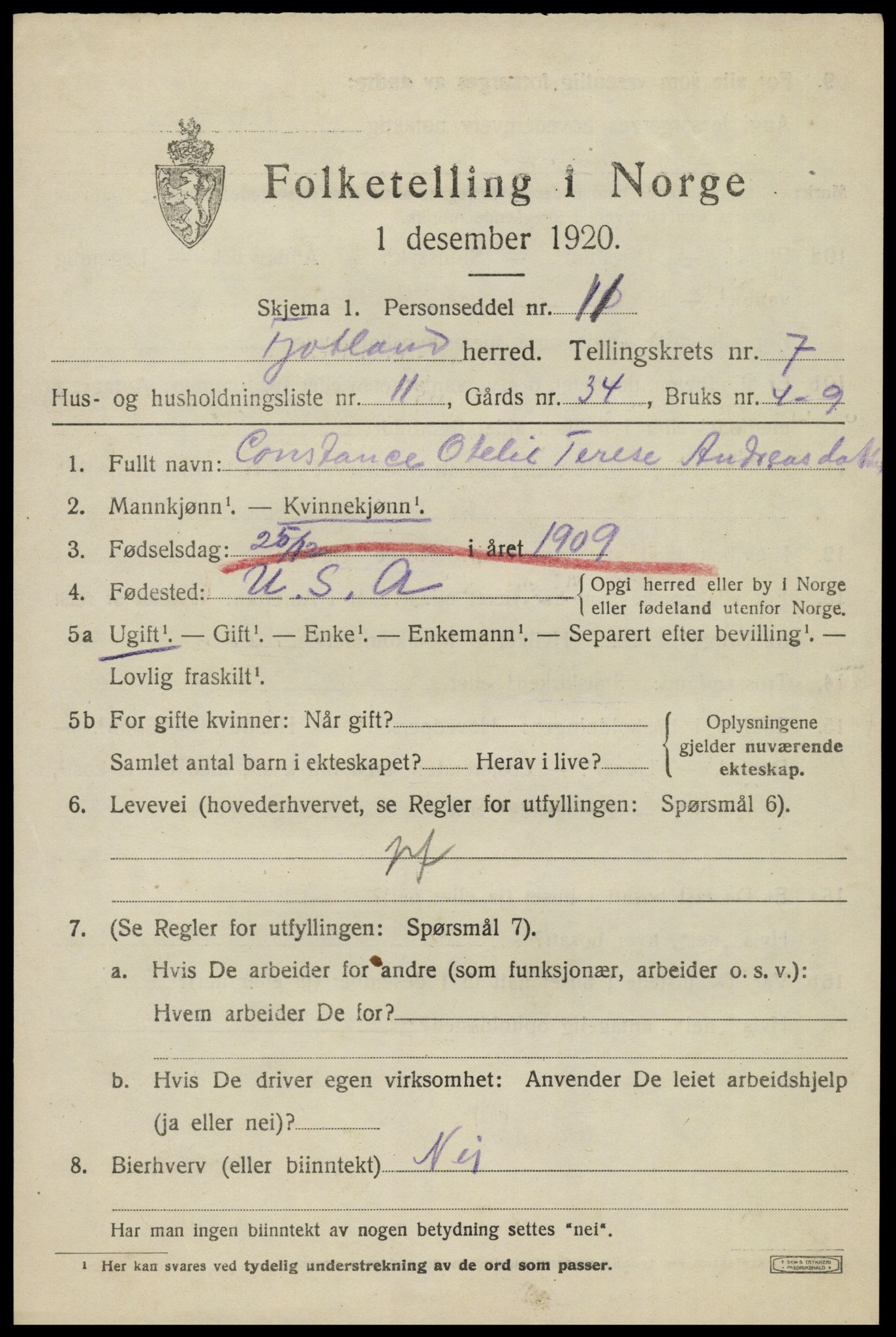 SAK, 1920 census for Fjotland, 1920, p. 1924