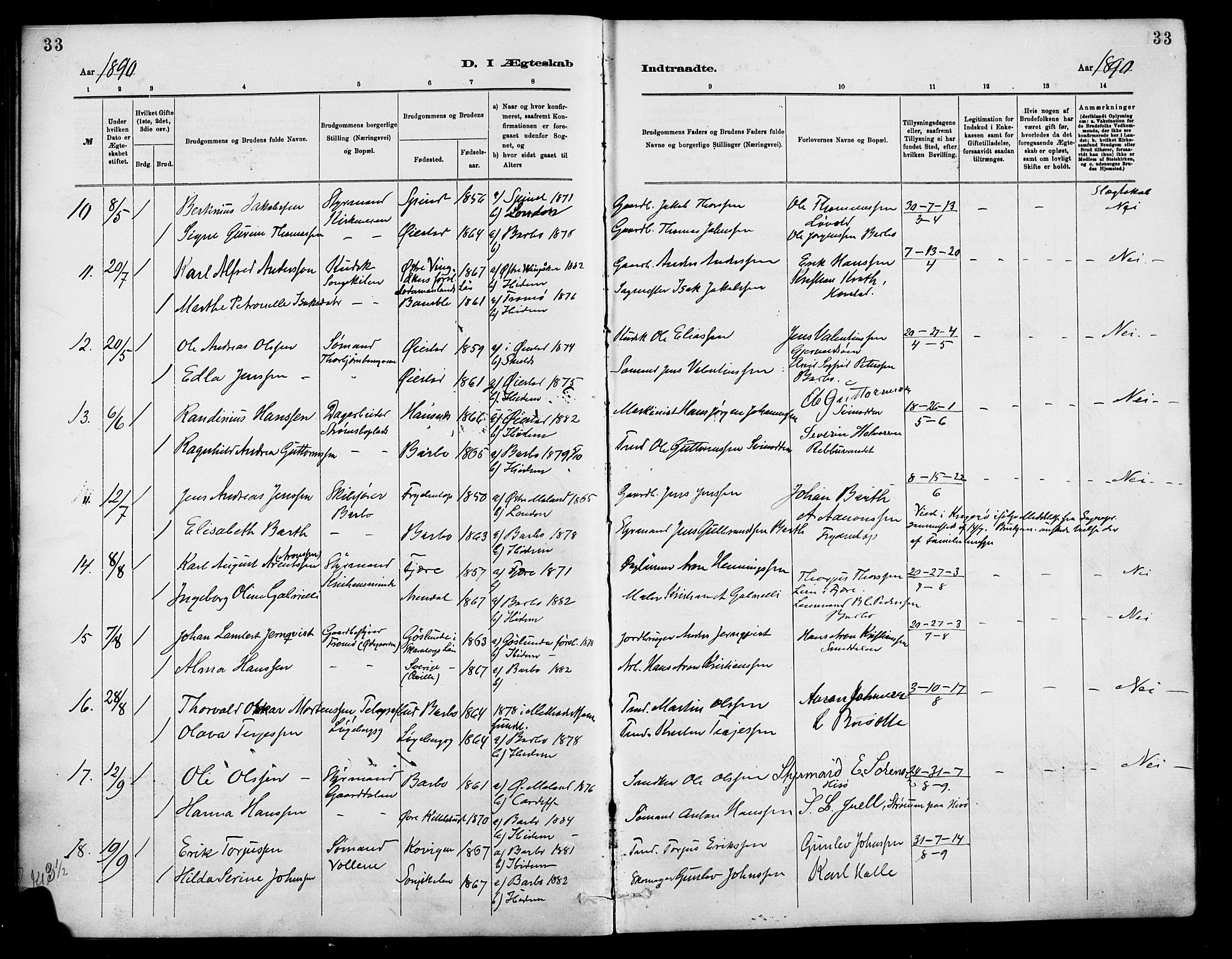 Barbu sokneprestkontor, AV/SAK-1111-0003/F/Fa/L0003: Parish register (official) no. A 3, 1883-1898, p. 33