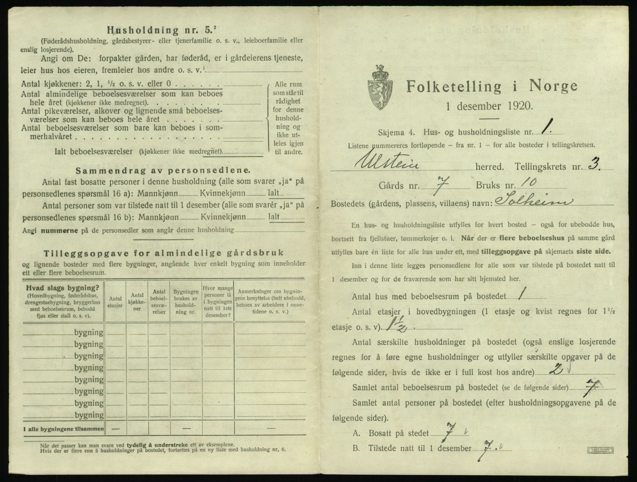 SAT, 1920 census for Ulstein, 1920, p. 172