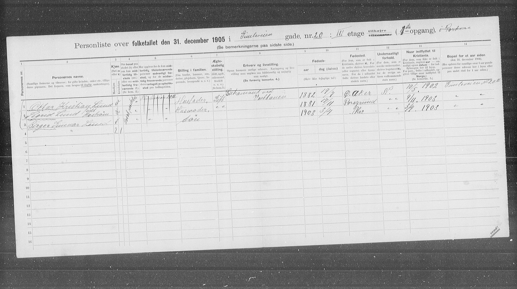 OBA, Municipal Census 1905 for Kristiania, 1905, p. 15037