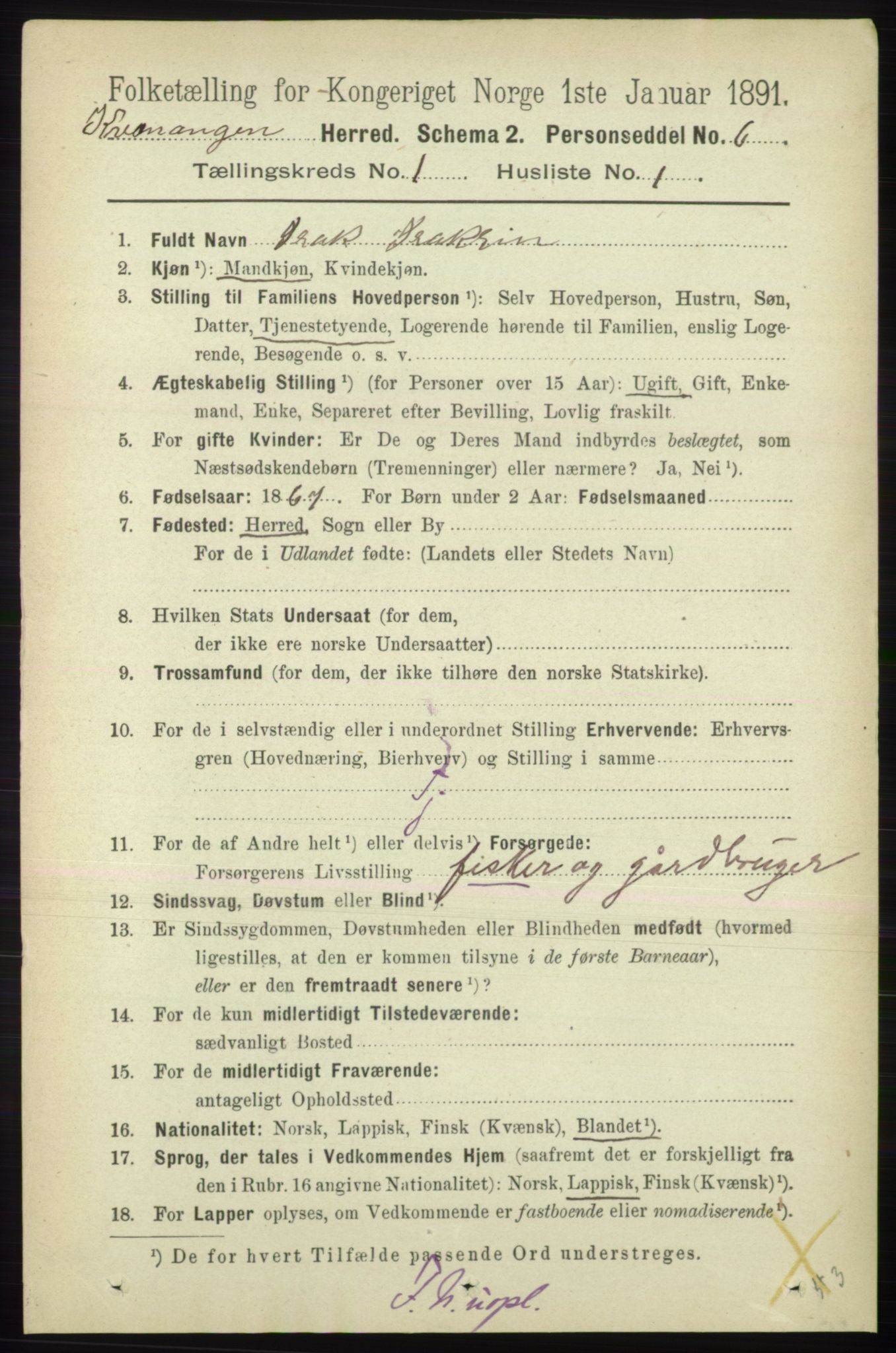 RA, 1891 census for 1943 Kvænangen, 1891, p. 60