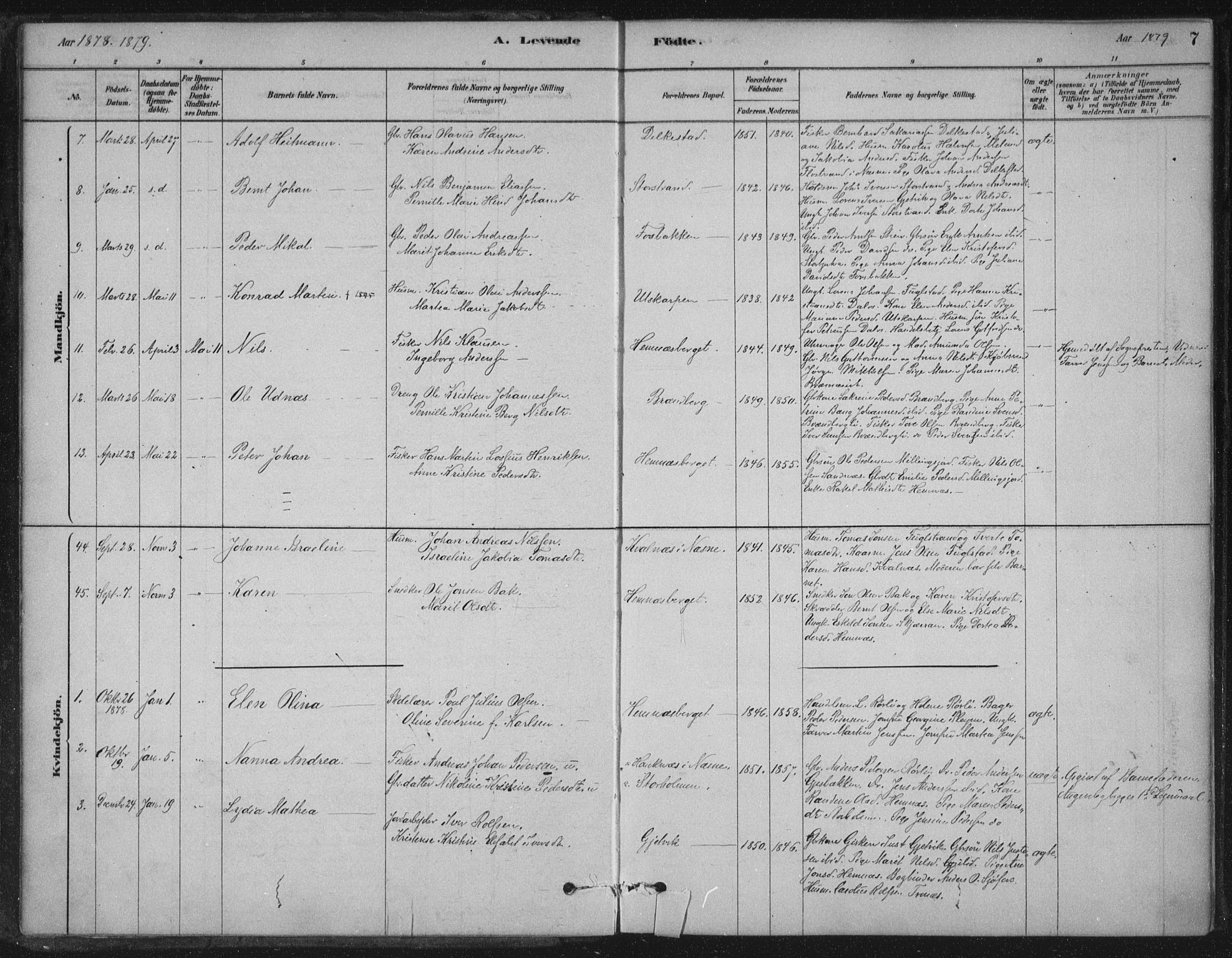 Ministerialprotokoller, klokkerbøker og fødselsregistre - Nordland, AV/SAT-A-1459/825/L0361: Parish register (official) no. 825A15, 1878-1893, p. 7