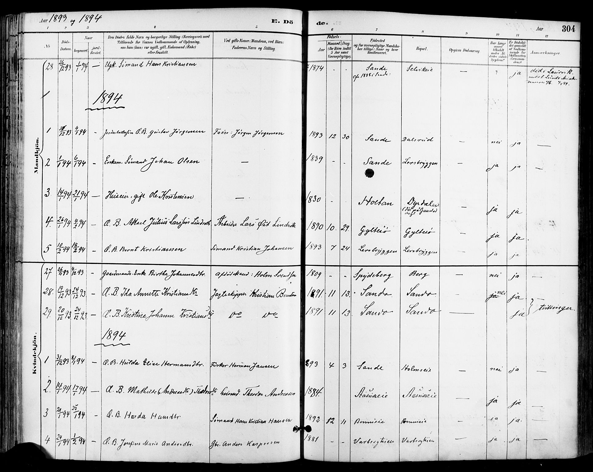 Sande Kirkebøker, SAKO/A-53/F/Fa/L0007: Parish register (official) no. 7, 1888-1903, p. 304