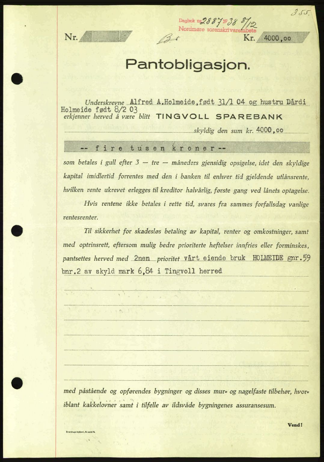 Nordmøre sorenskriveri, SAT/A-4132/1/2/2Ca: Mortgage book no. B84, 1938-1939, Diary no: : 2887/1938