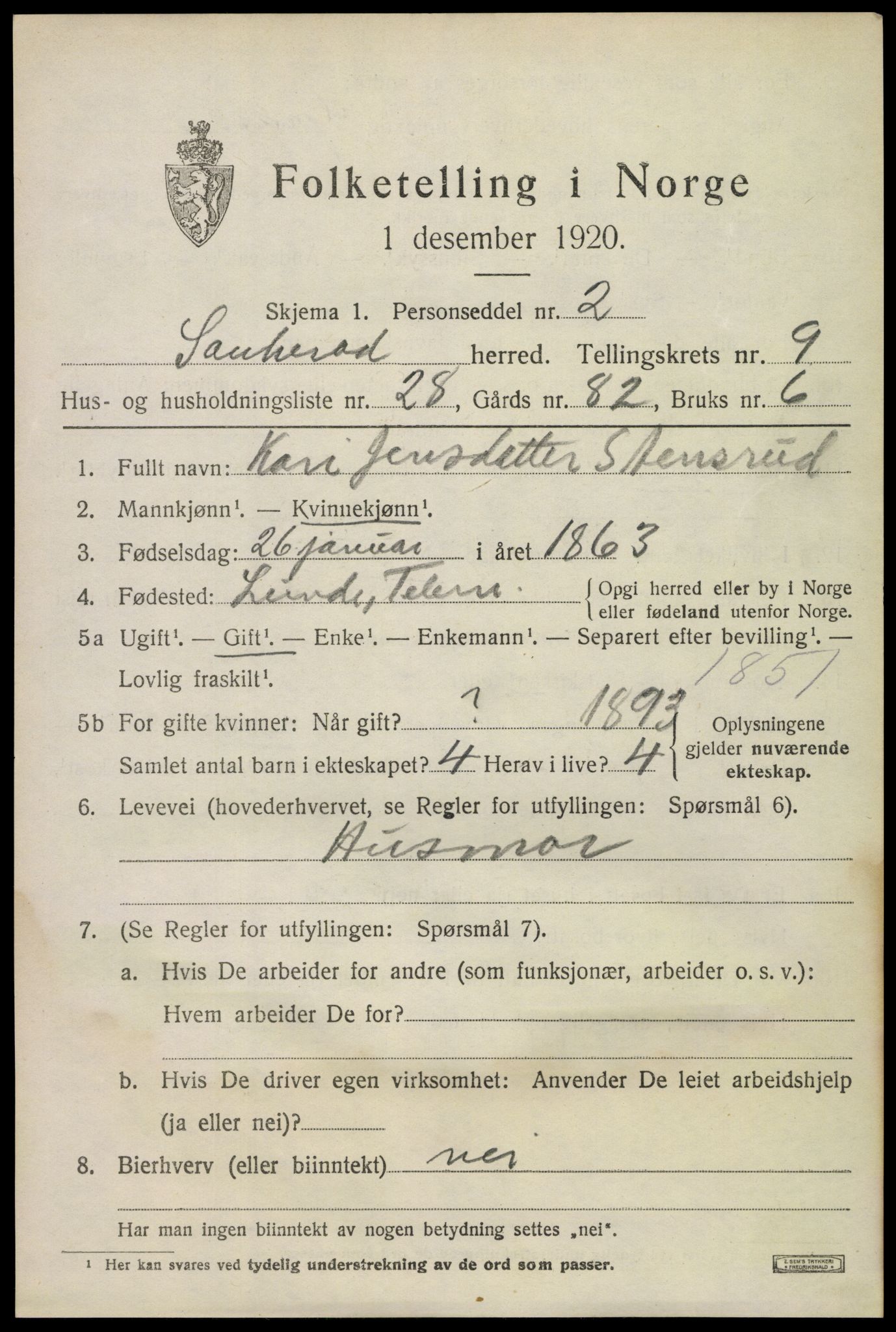 SAKO, 1920 census for Sauherad, 1920, p. 7129