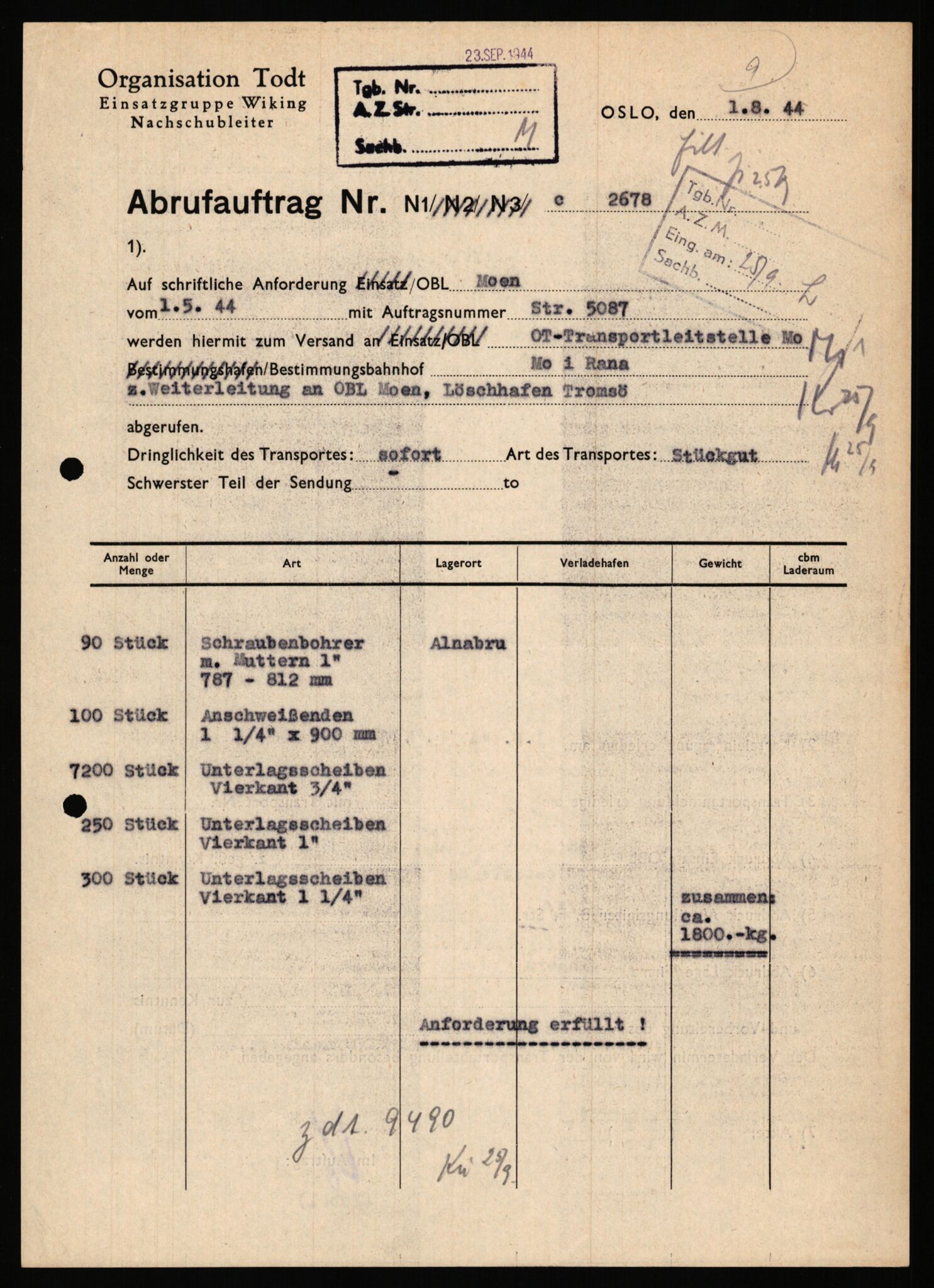 Tyske arkiver, Organisation Todt (OT), Einsatzgruppe Wiking, AV/RA-RAFA-2188/1/E/E6/E6c/L0007: Nachschub: Arkivkode 9451-9490, 1940-1945, p. 600