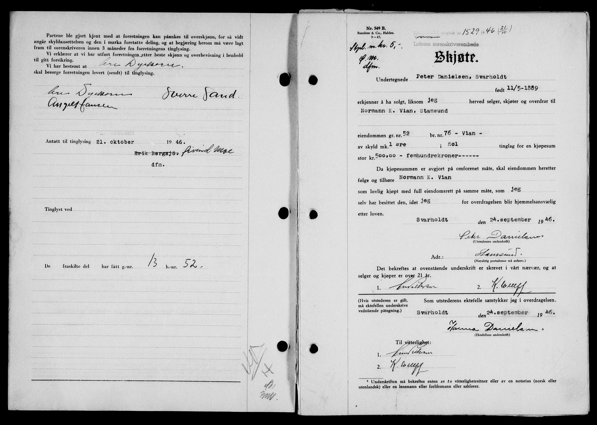 Lofoten sorenskriveri, SAT/A-0017/1/2/2C/L0014a: Mortgage book no. 14a, 1946-1946, Diary no: : 1529/1946