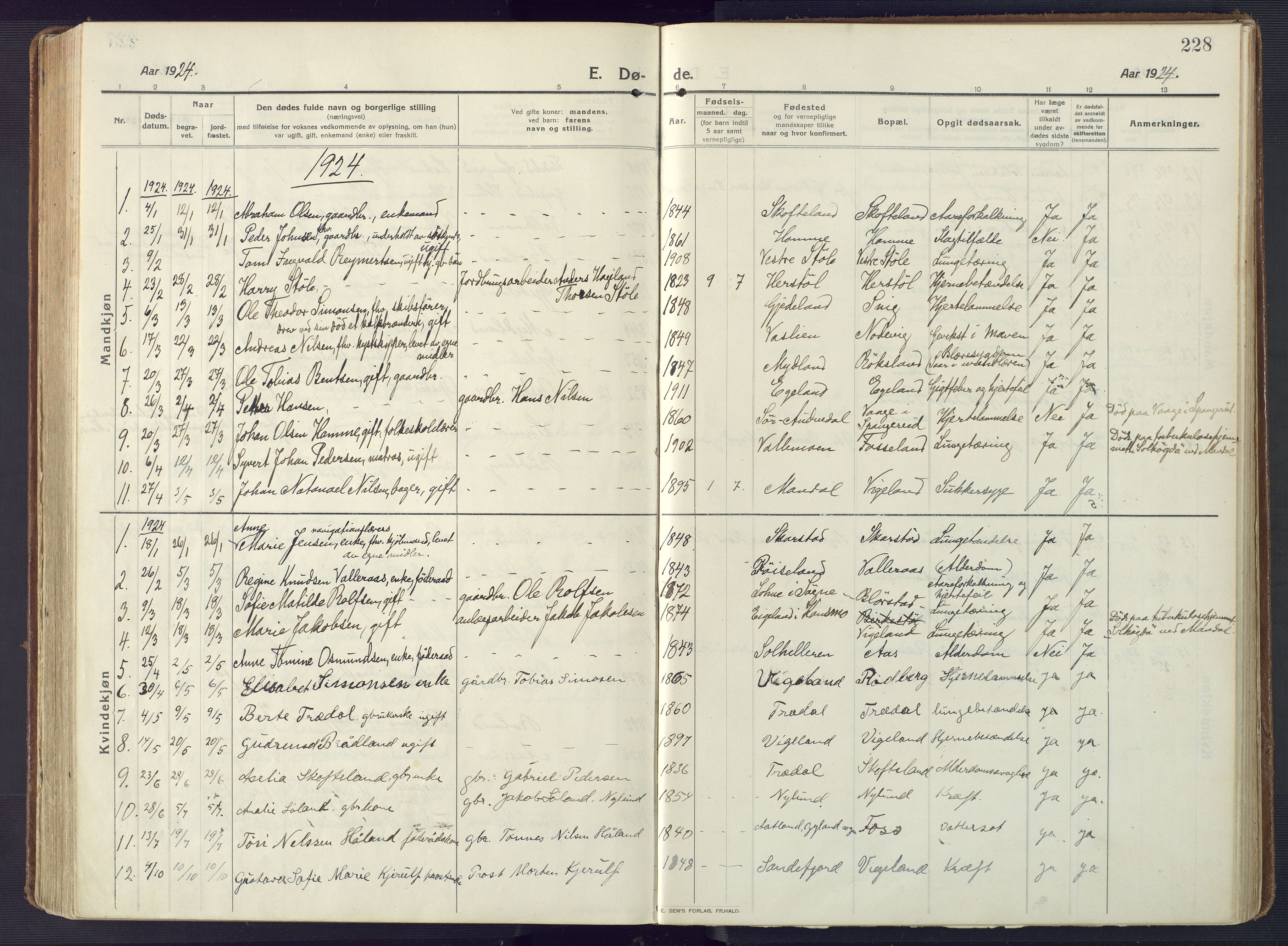 Sør-Audnedal sokneprestkontor, AV/SAK-1111-0039/F/Fa/Fab/L0011: Parish register (official) no. A 11, 1912-1938, p. 228