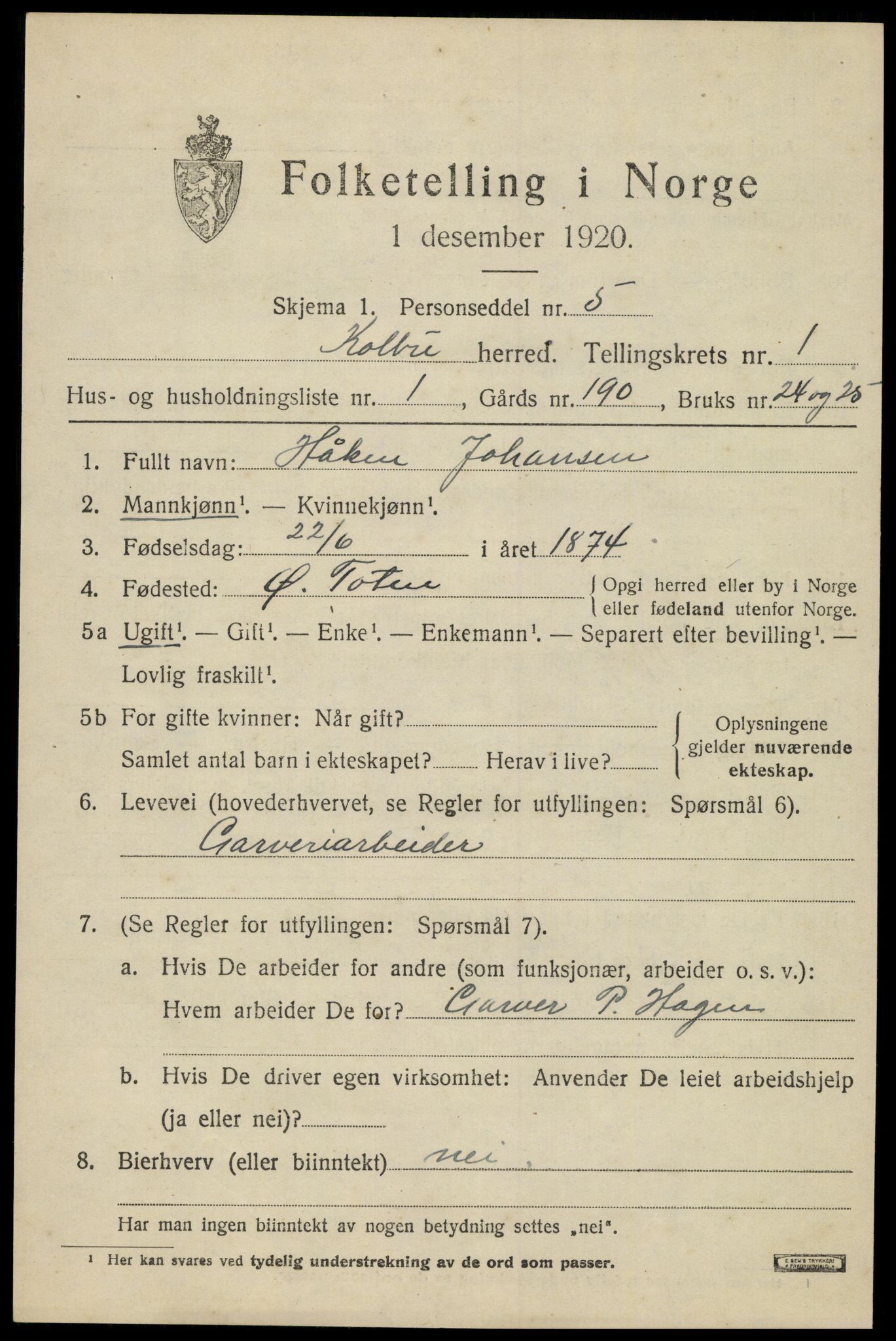 SAH, 1920 census for Kolbu, 1920, p. 1040