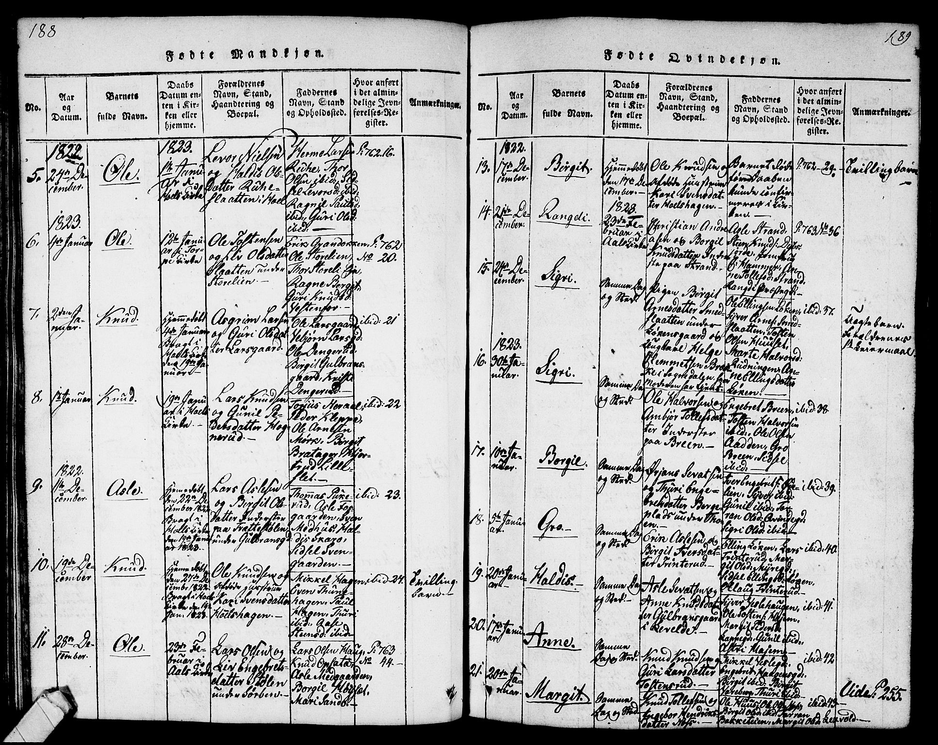 Ål kirkebøker, AV/SAKO-A-249/G/Ga/L0001: Parish register (copy) no. 1, 1815-1829, p. 188-189