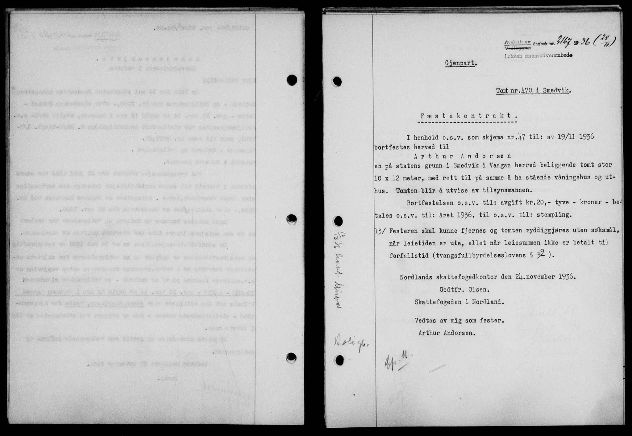 Lofoten sorenskriveri, SAT/A-0017/1/2/2C/L0001a: Mortgage book no. 1a, 1936-1937, Diary no: : 2167/1936