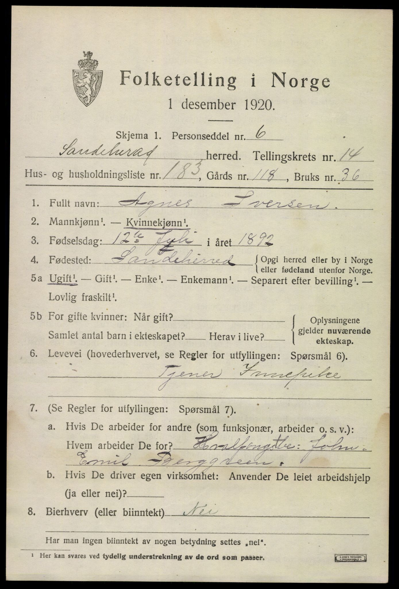 SAKO, 1920 census for Sandeherred, 1920, p. 22912