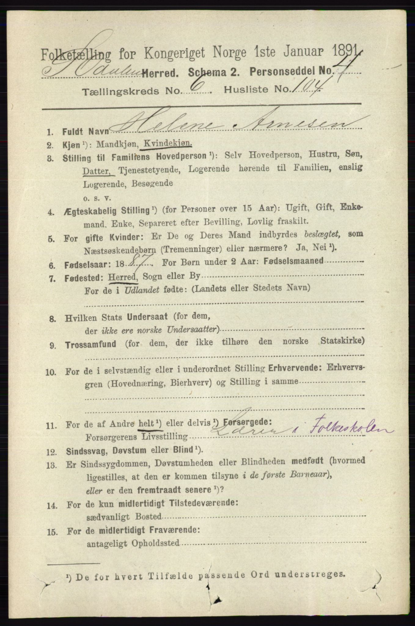 RA, 1891 census for 0419 Sør-Odal, 1891, p. 3487