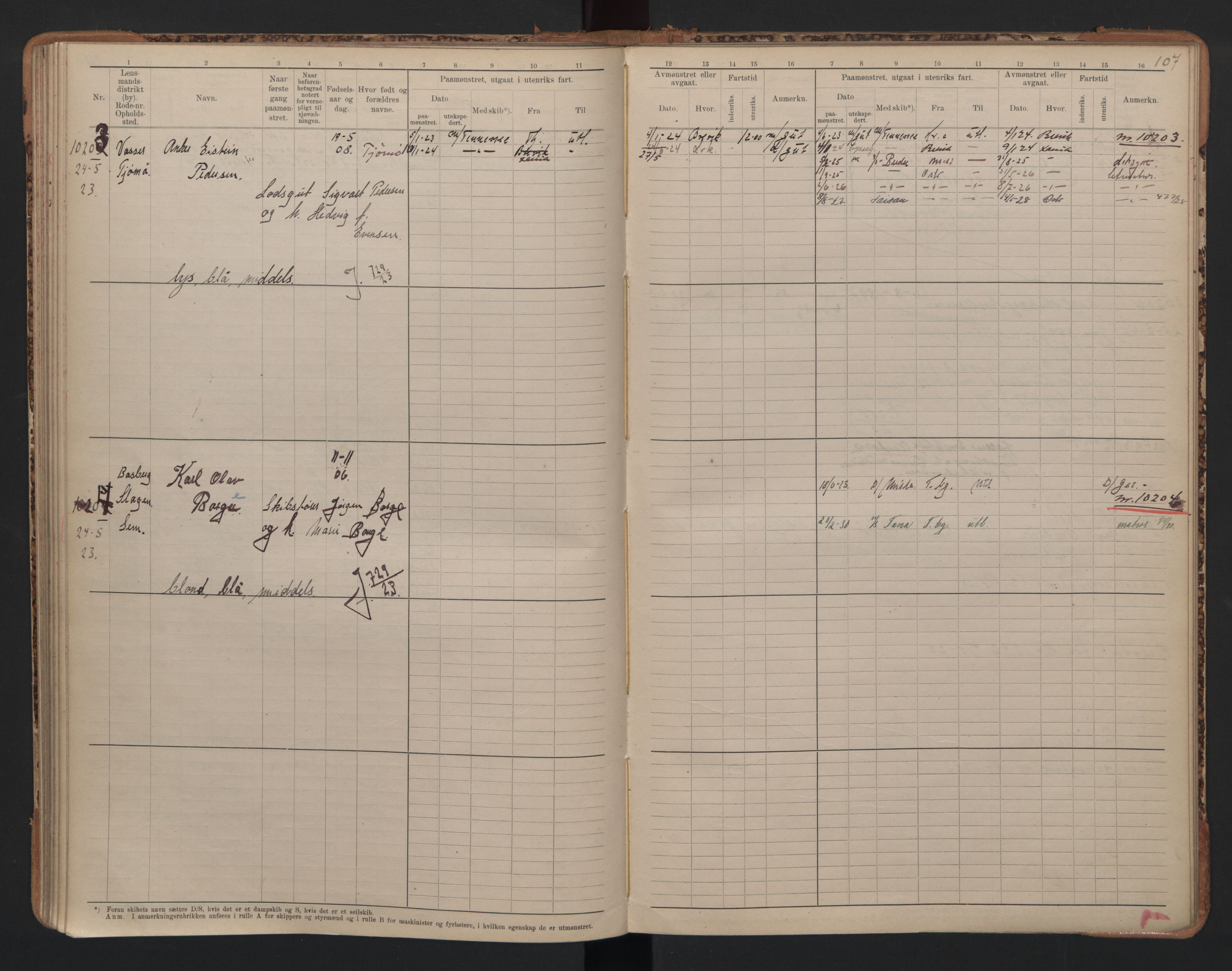 Tønsberg innrulleringskontor, SAKO/A-786/F/Fc/Fcb/L0010: Hovedrulle Patent nr. 9993-1923, 1922-1923, p. 107