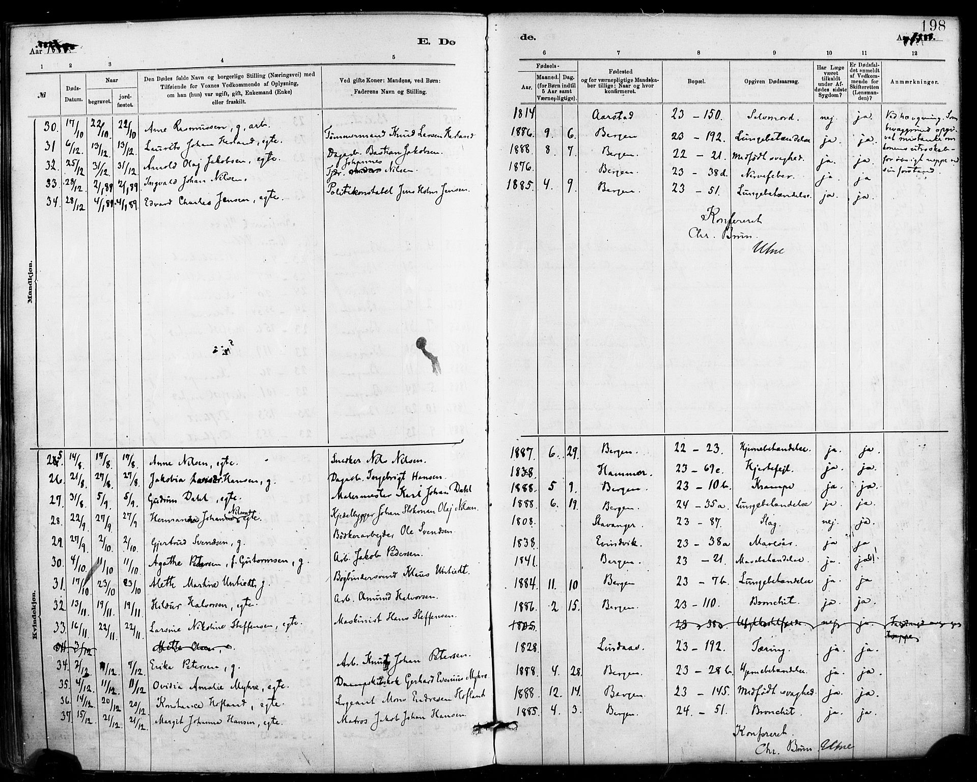 Mariakirken Sokneprestembete, AV/SAB-A-76901/H/Haa/L0007: Parish register (official) no. A 7, 1878-1893, p. 198