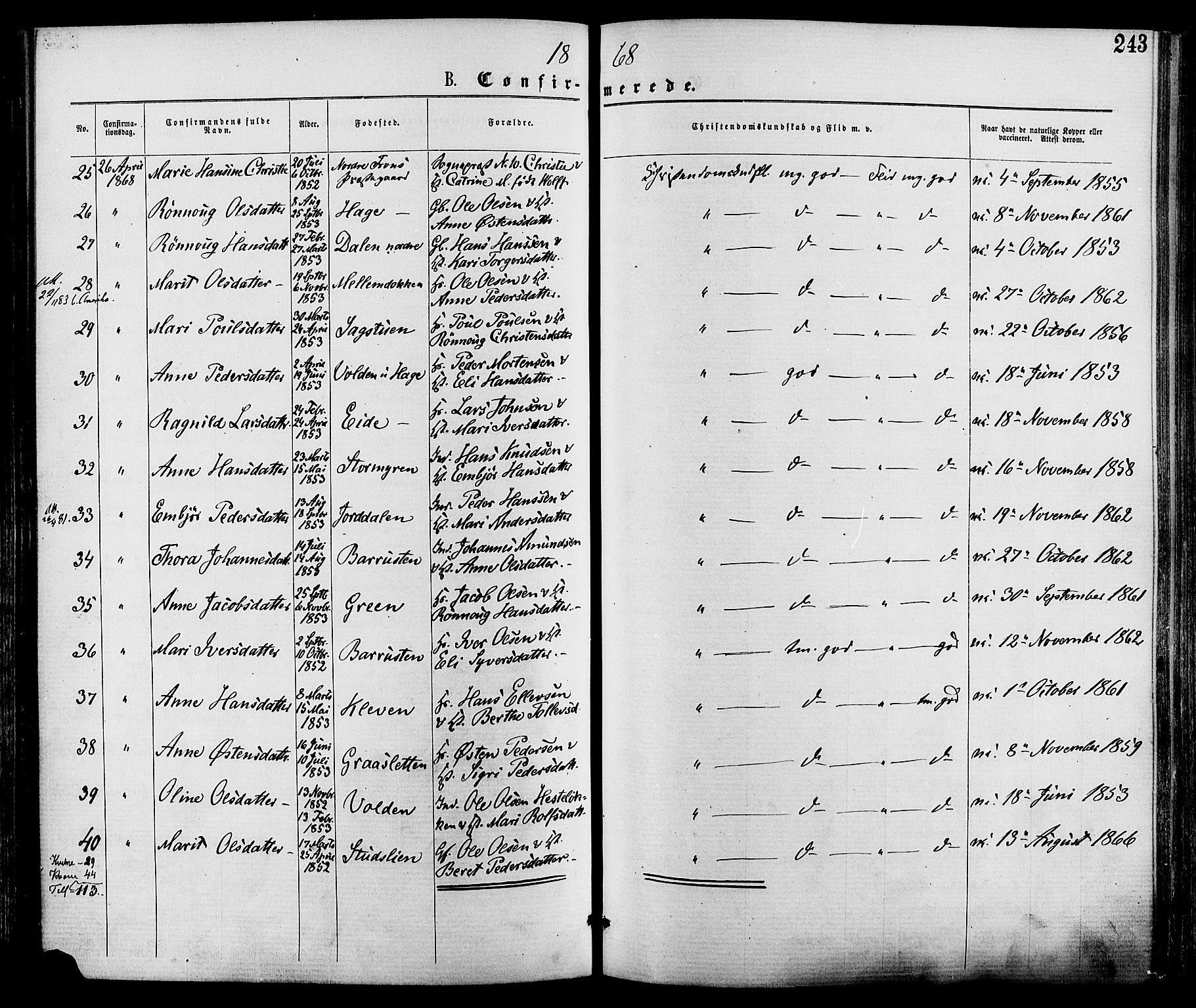 Nord-Fron prestekontor, AV/SAH-PREST-080/H/Ha/Haa/L0002: Parish register (official) no. 2, 1865-1883, p. 243