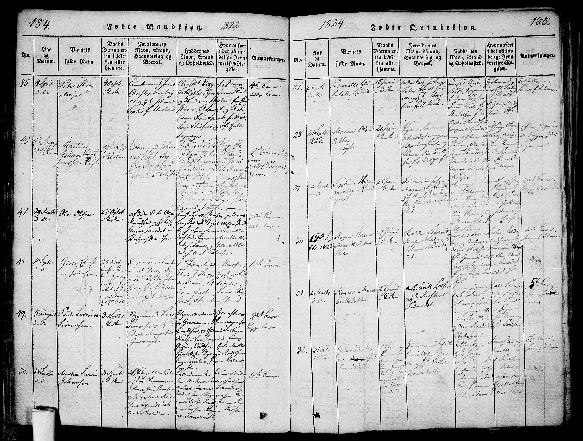 Halden prestekontor Kirkebøker, AV/SAO-A-10909/F/Fa/L0003: Parish register (official) no. I 3, 1815-1834, p. 184-185