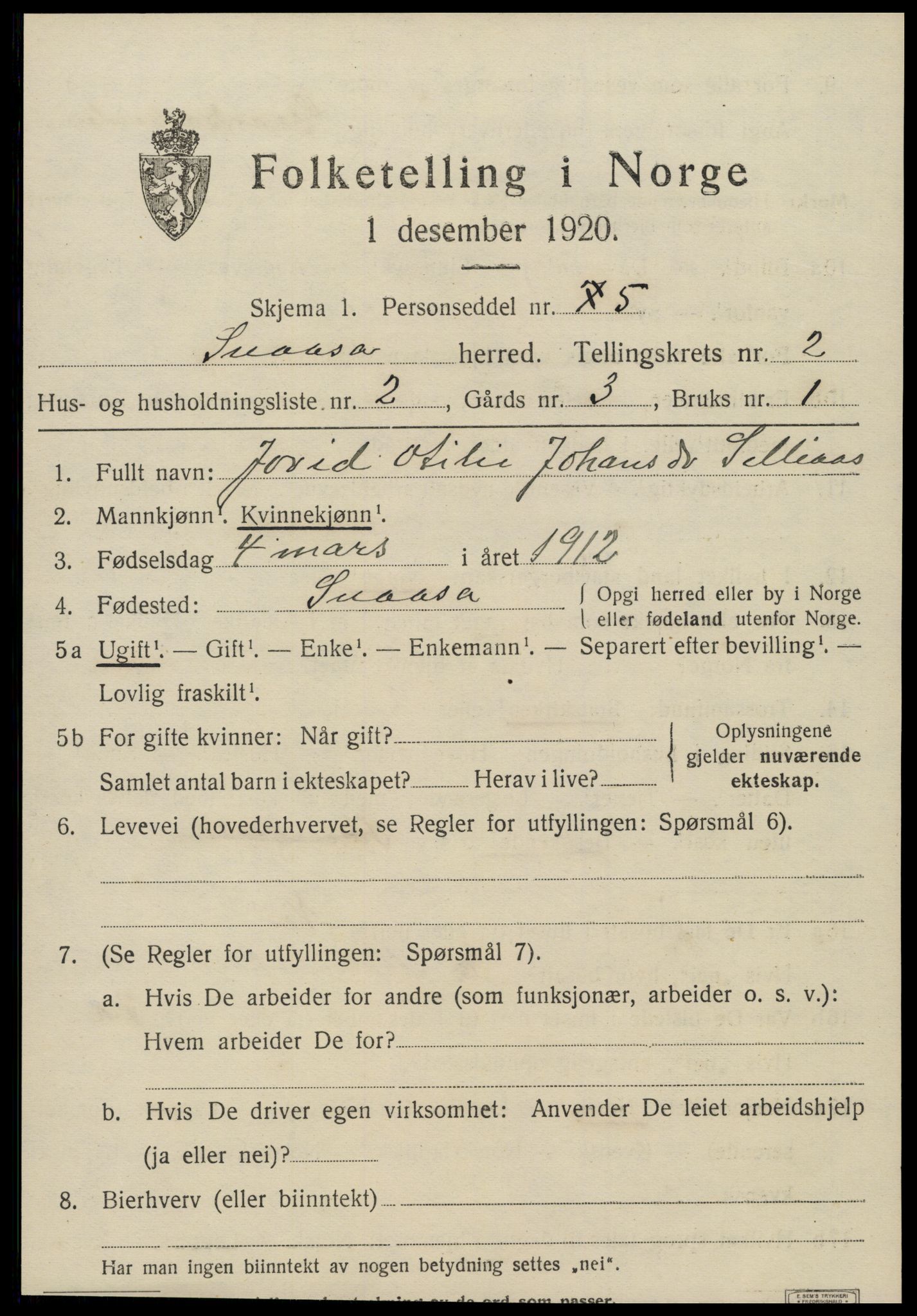 SAT, 1920 census for Snåsa, 1920, p. 1206