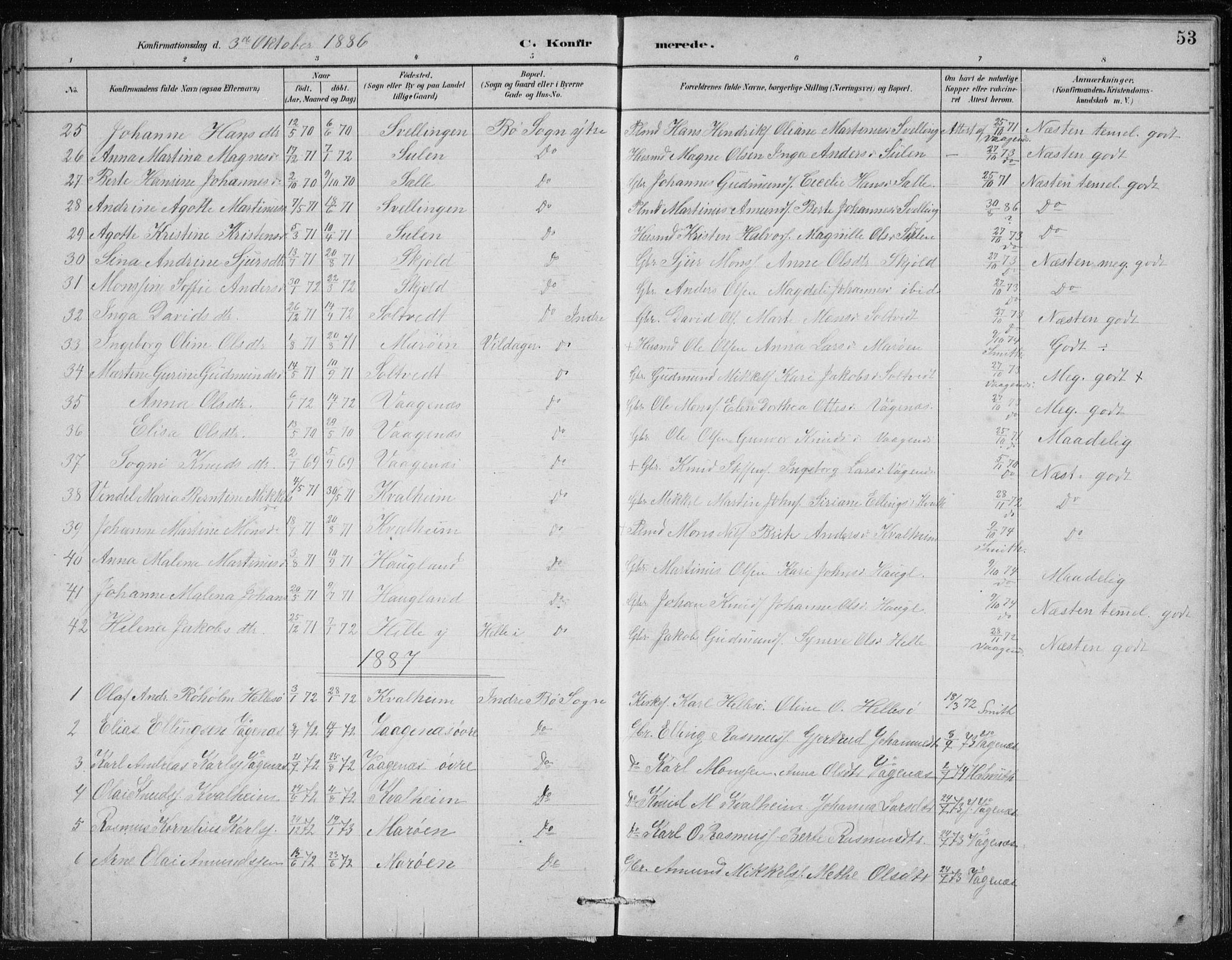 Manger sokneprestembete, AV/SAB-A-76801/H/Hab: Parish register (copy) no. B 2, 1882-1890, p. 53