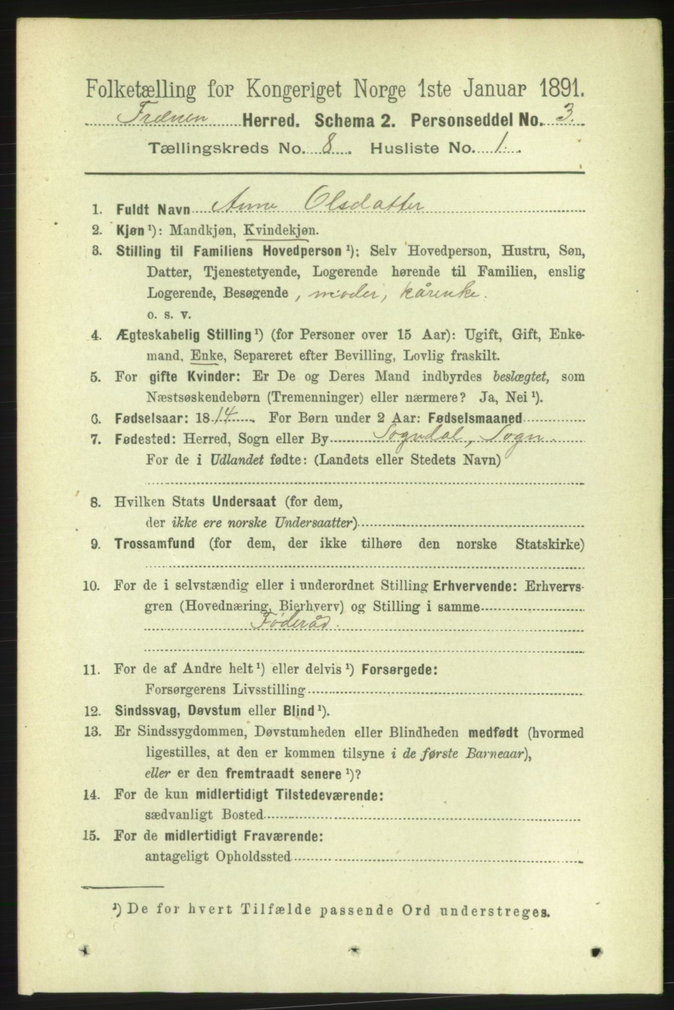 RA, 1891 census for 1548 Fræna, 1891, p. 2645