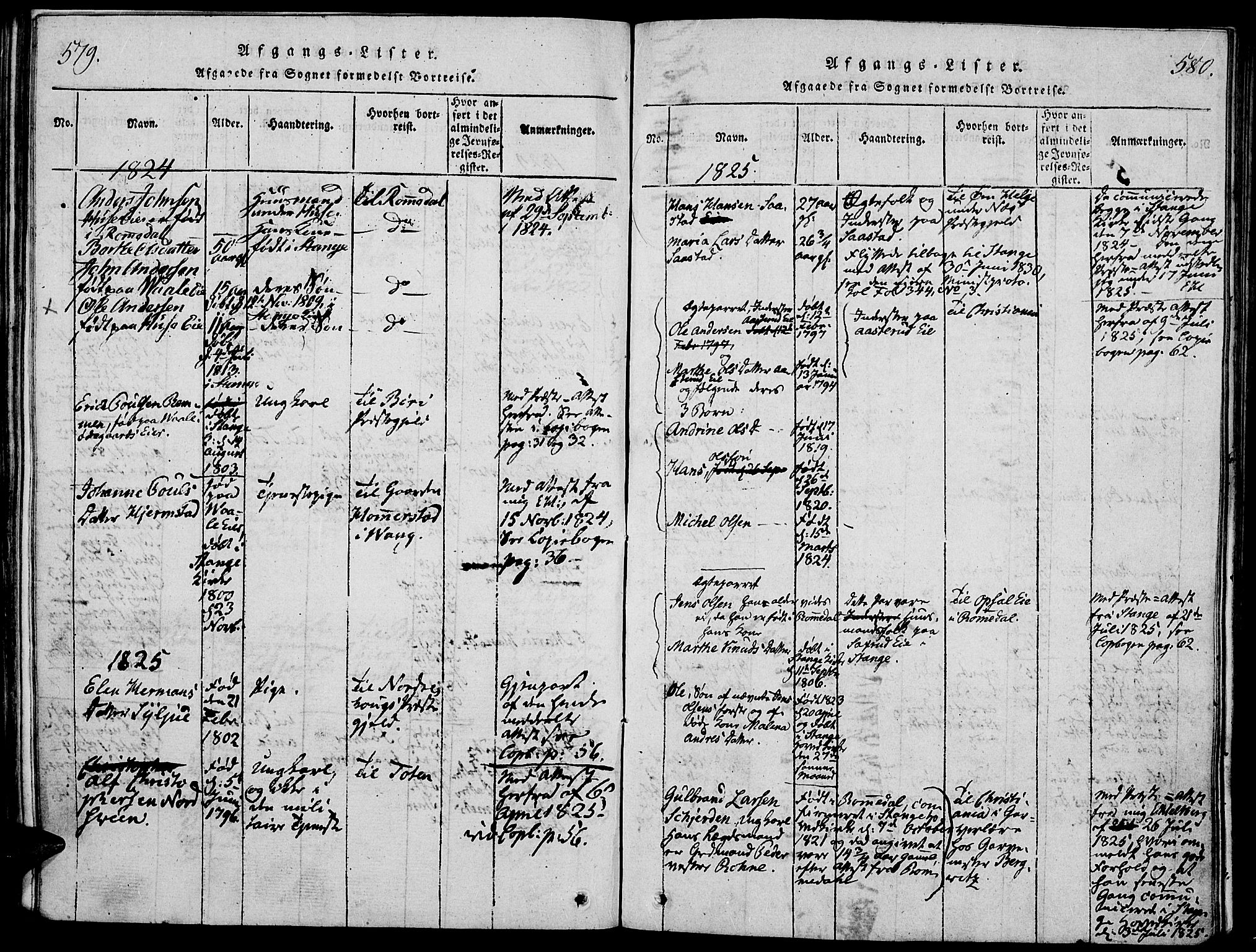 Stange prestekontor, AV/SAH-PREST-002/K/L0008: Parish register (official) no. 8, 1814-1825, p. 579-580