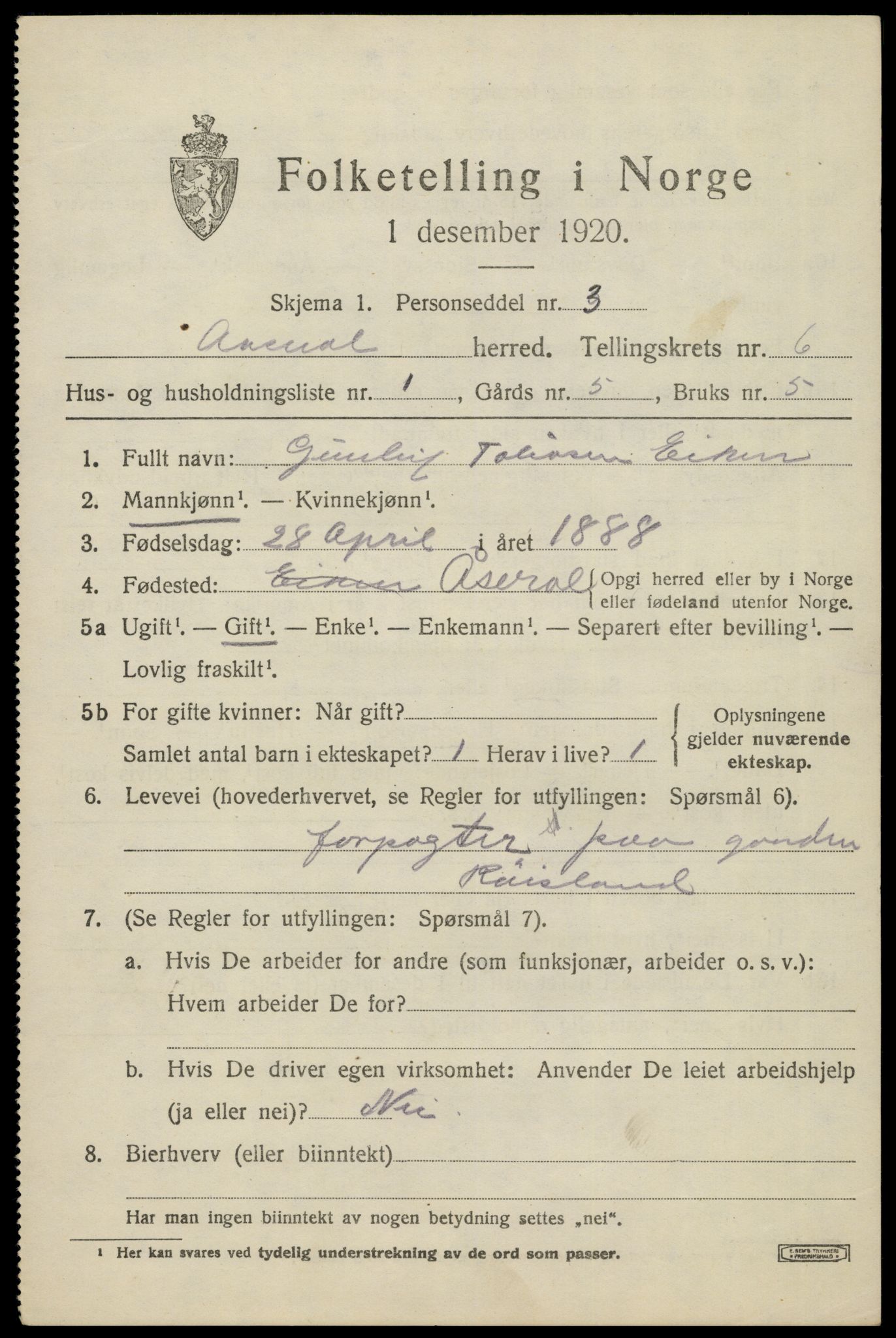 SAK, 1920 census for Åseral, 1920, p. 1800