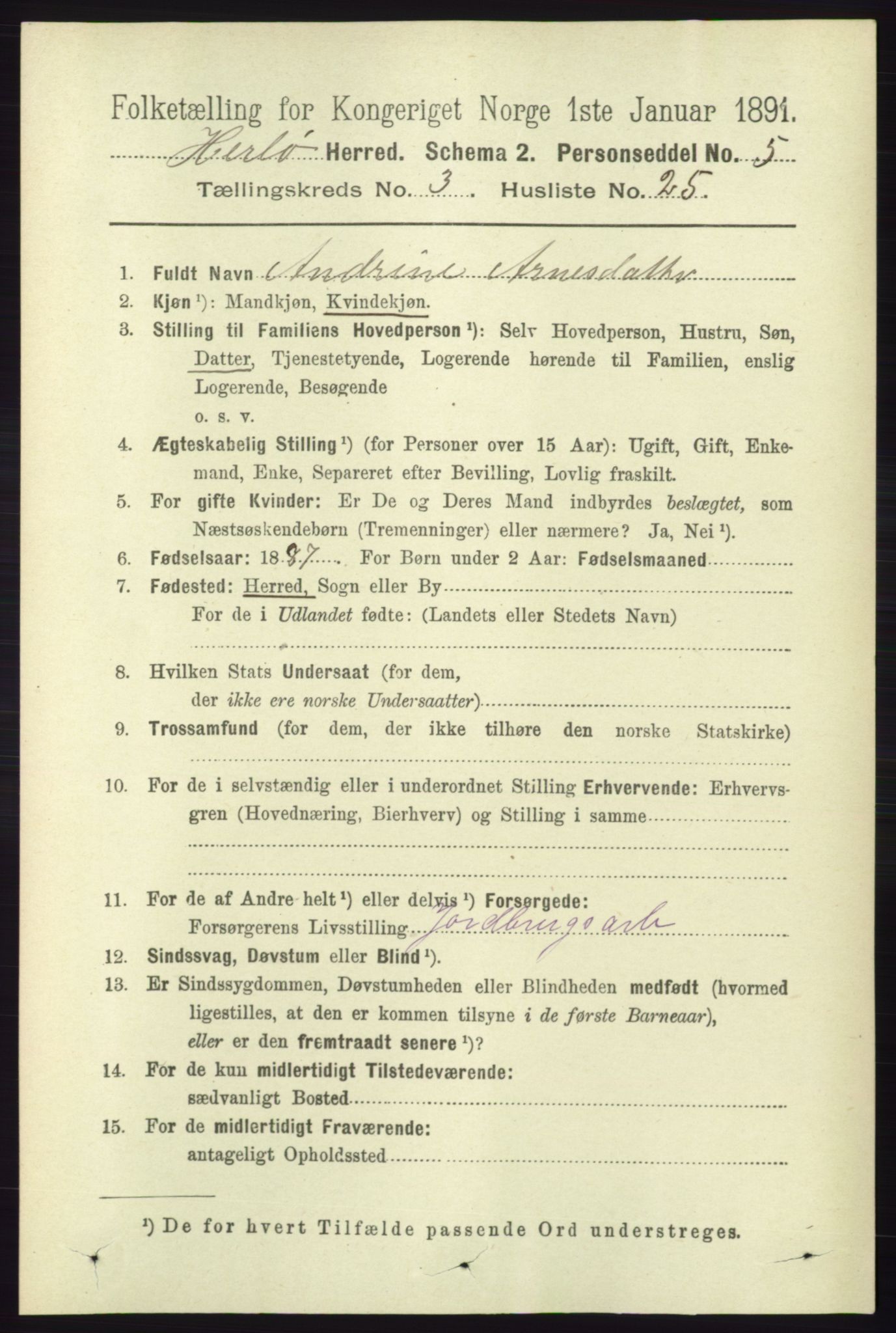 RA, 1891 census for 1258 Herdla, 1891, p. 1243