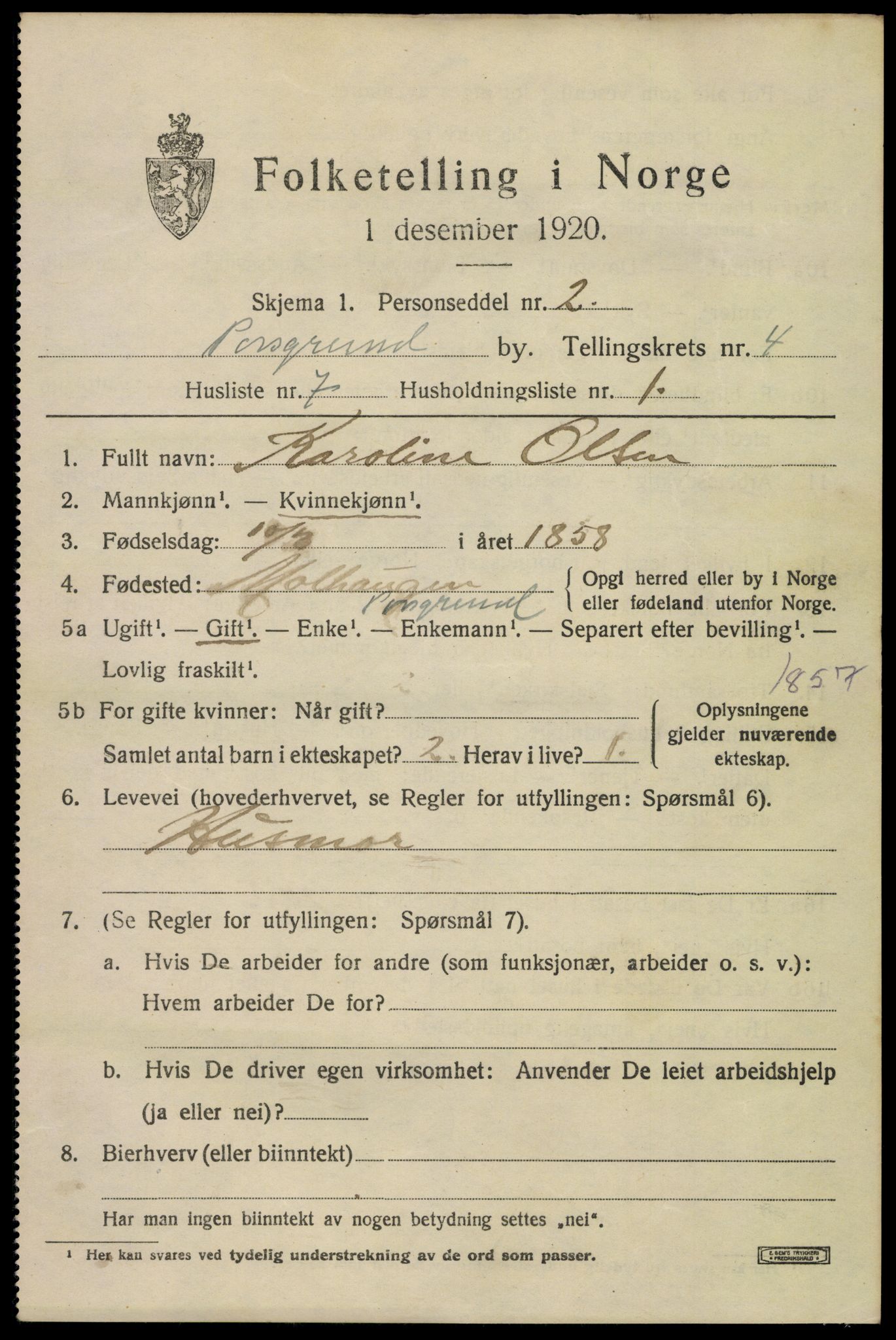 SAKO, 1920 census for Porsgrunn, 1920, p. 18929