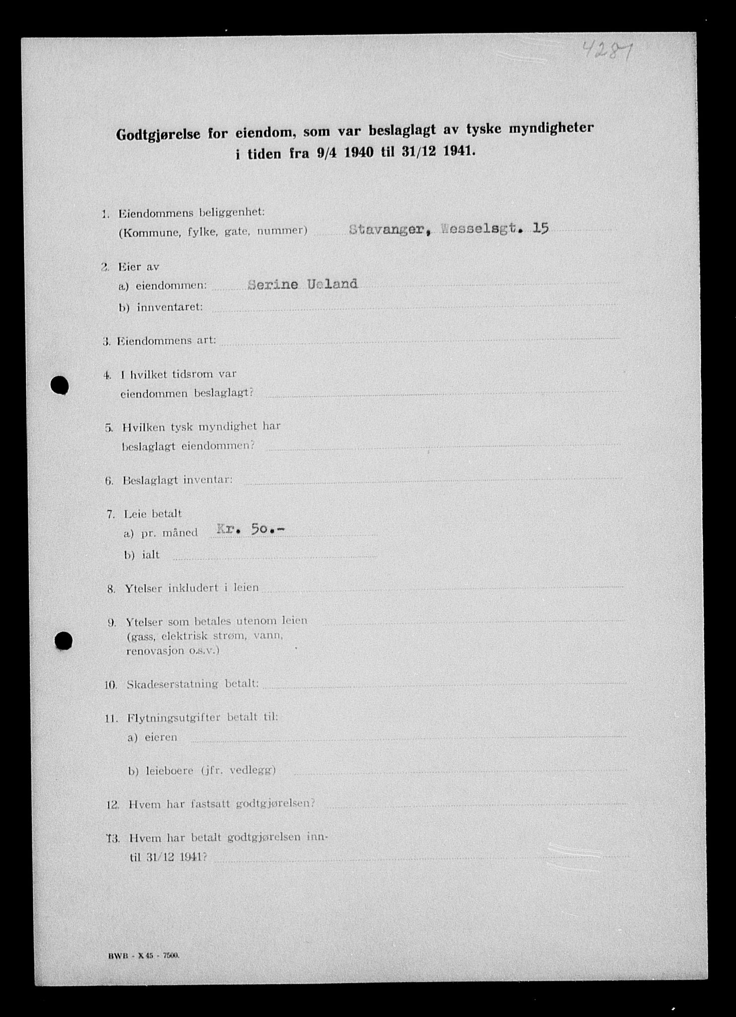 Justisdepartementet, Tilbakeføringskontoret for inndratte formuer, AV/RA-S-1564/I/L1014: Godtgjørelse for beslaglagt eiendom, 1940-1941, p. 147