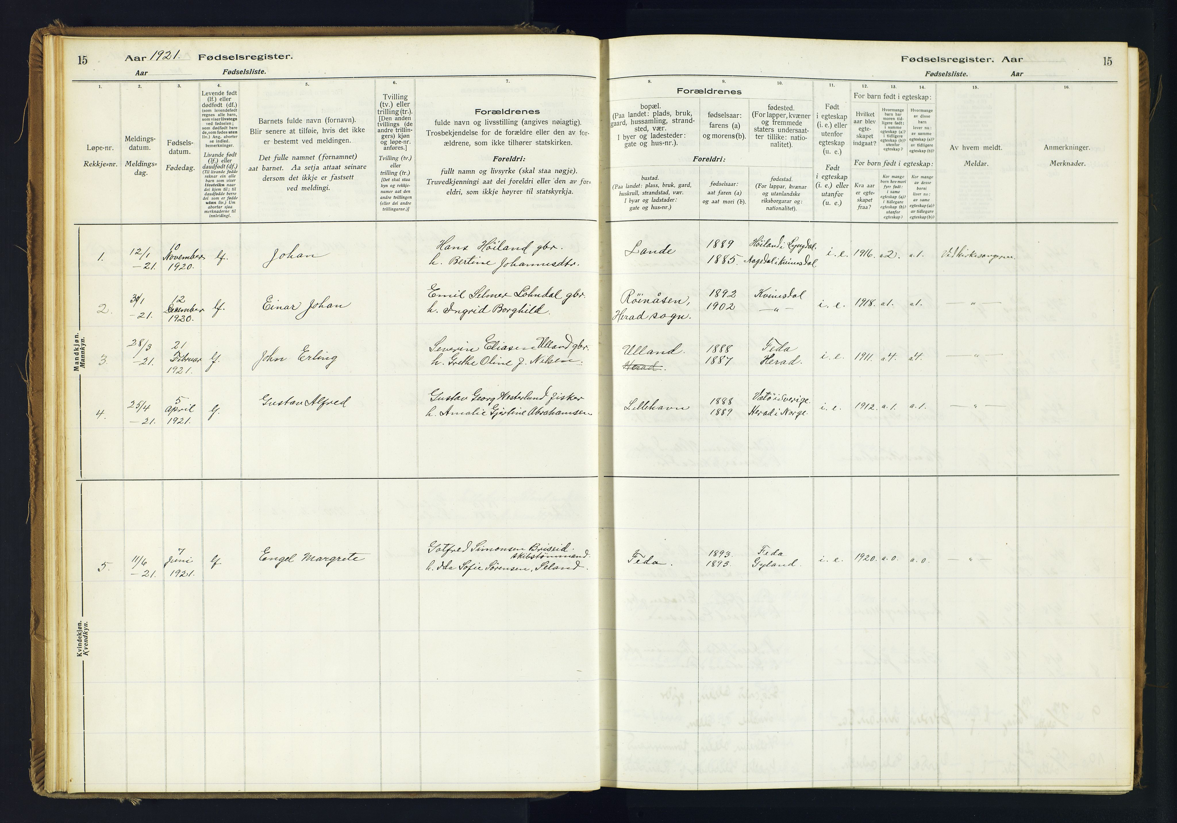 Kvinesdal sokneprestkontor, AV/SAK-1111-0026/J/Ja/L0005: Birth register no. 5, 1916-1982, p. 15