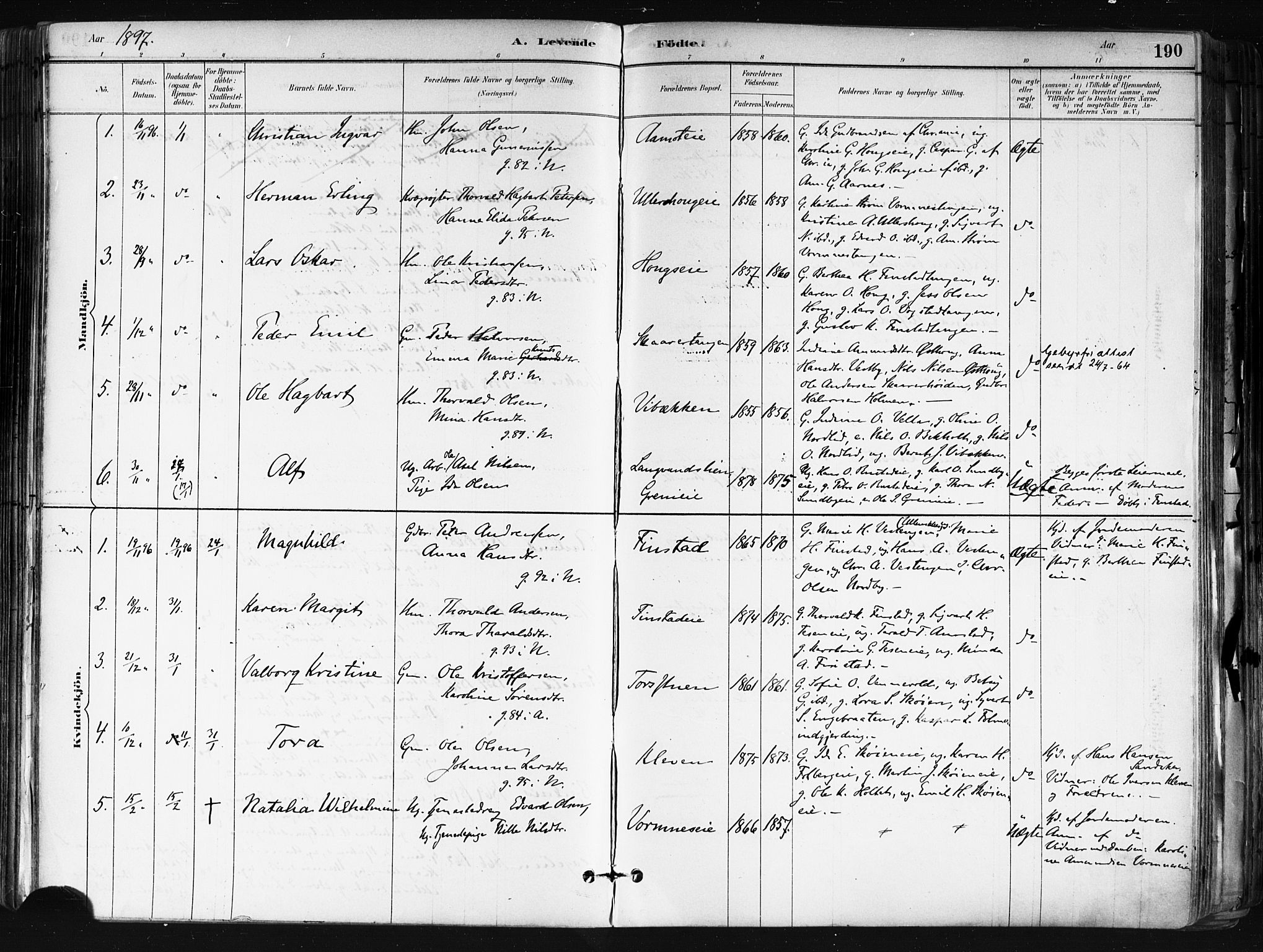 Nes prestekontor Kirkebøker, SAO/A-10410/F/Fa/L0010: Parish register (official) no. I 10, 1883-1898, p. 190