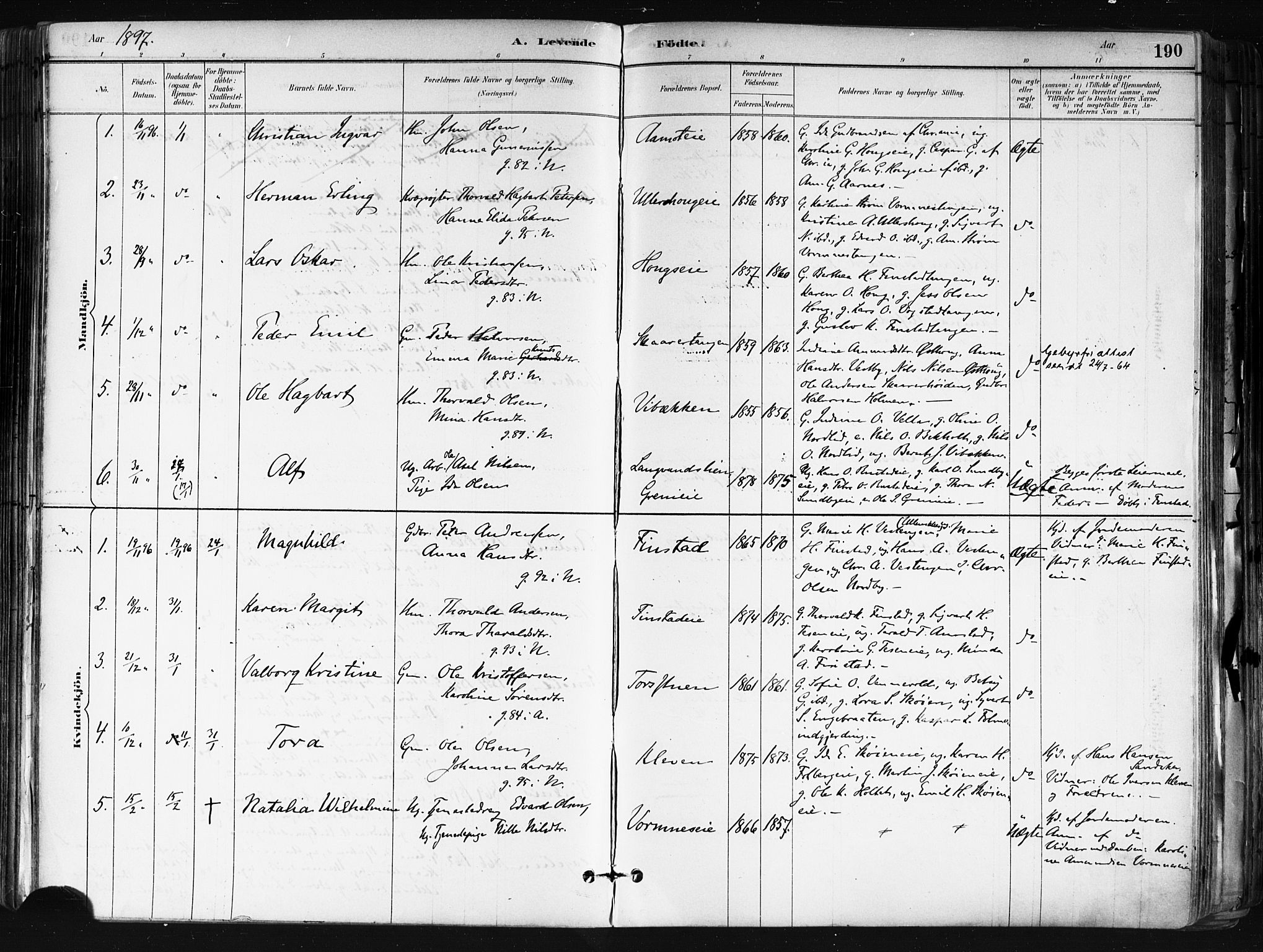 Nes prestekontor Kirkebøker, AV/SAO-A-10410/F/Fa/L0010: Parish register (official) no. I 10, 1883-1898, p. 190