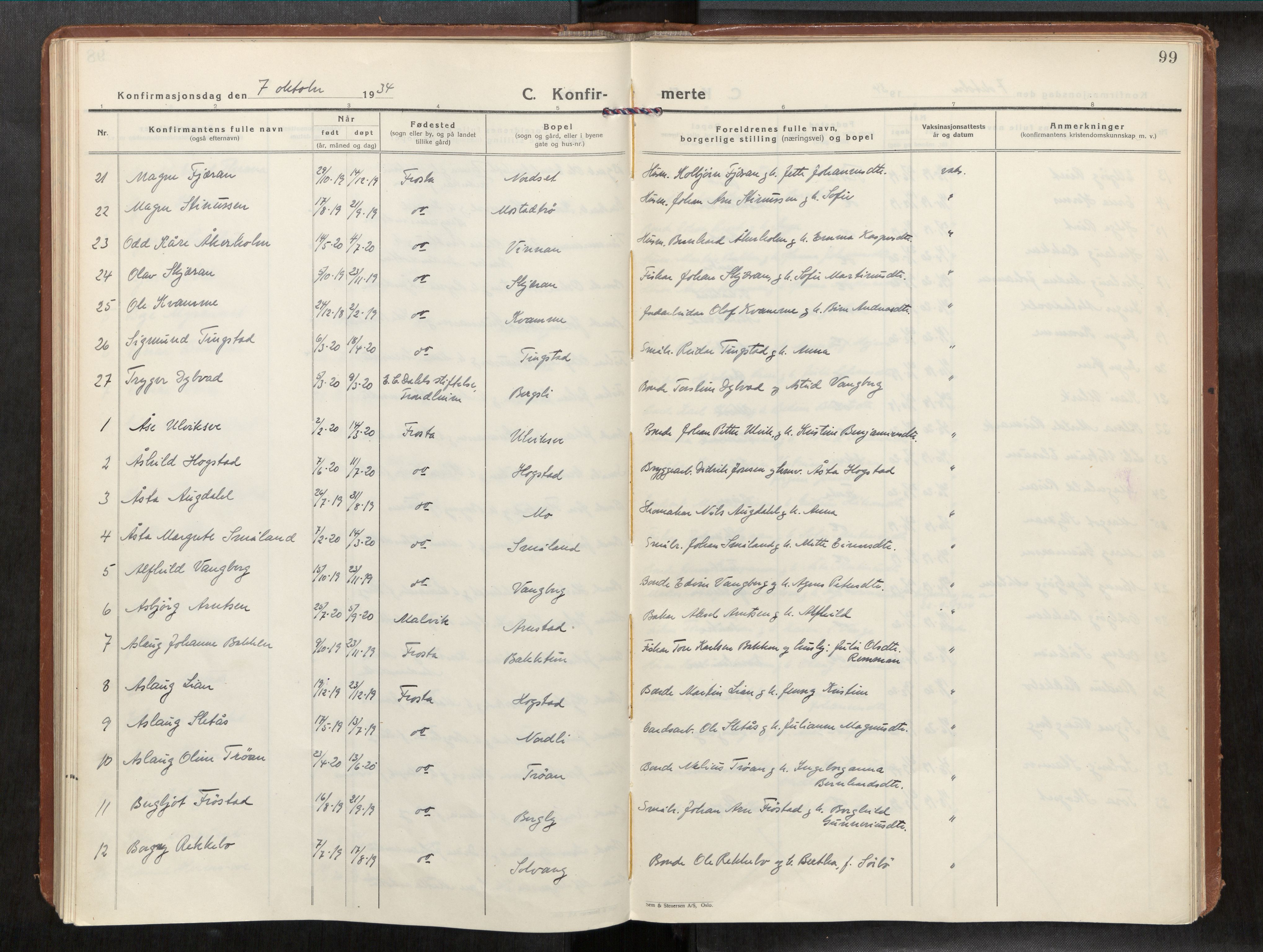 Frosta sokneprestkontor, AV/SAT-A-4380/2/H/Haa/L0001: Parish register (official) no. 1, 1926-1934, p. 99