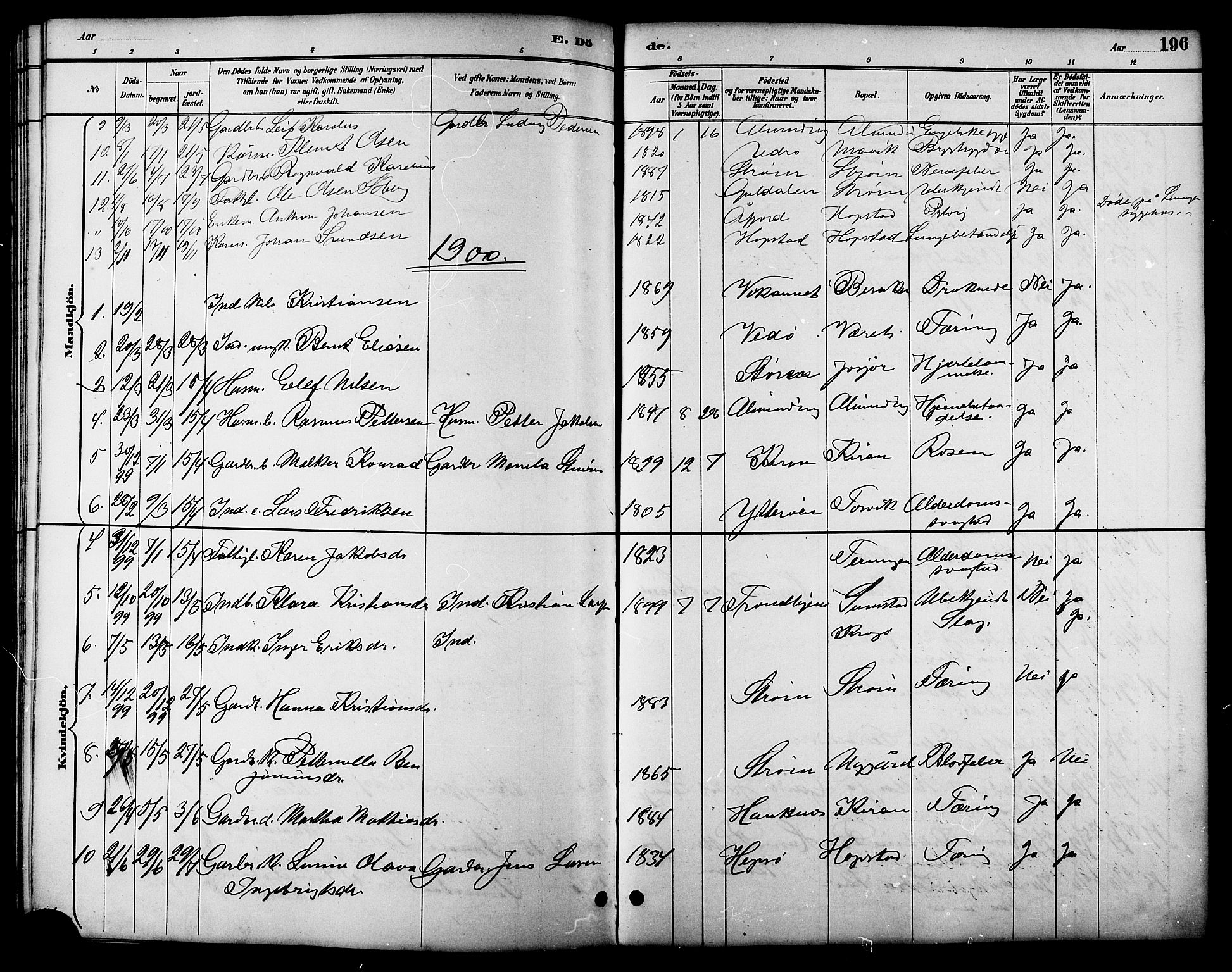Ministerialprotokoller, klokkerbøker og fødselsregistre - Sør-Trøndelag, SAT/A-1456/657/L0716: Parish register (copy) no. 657C03, 1889-1904, p. 196