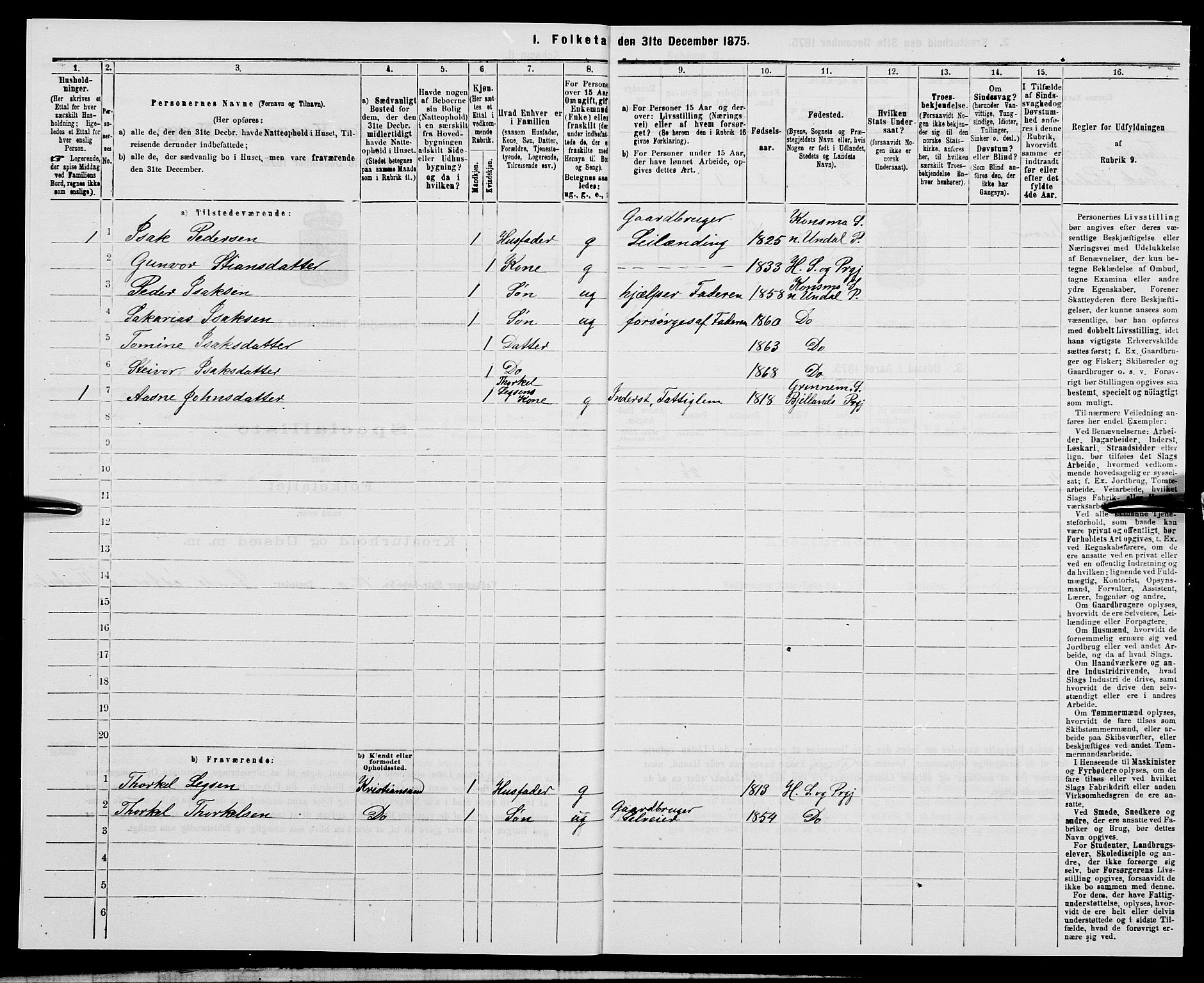 SAK, 1875 census for 1034P Hægebostad, 1875, p. 157