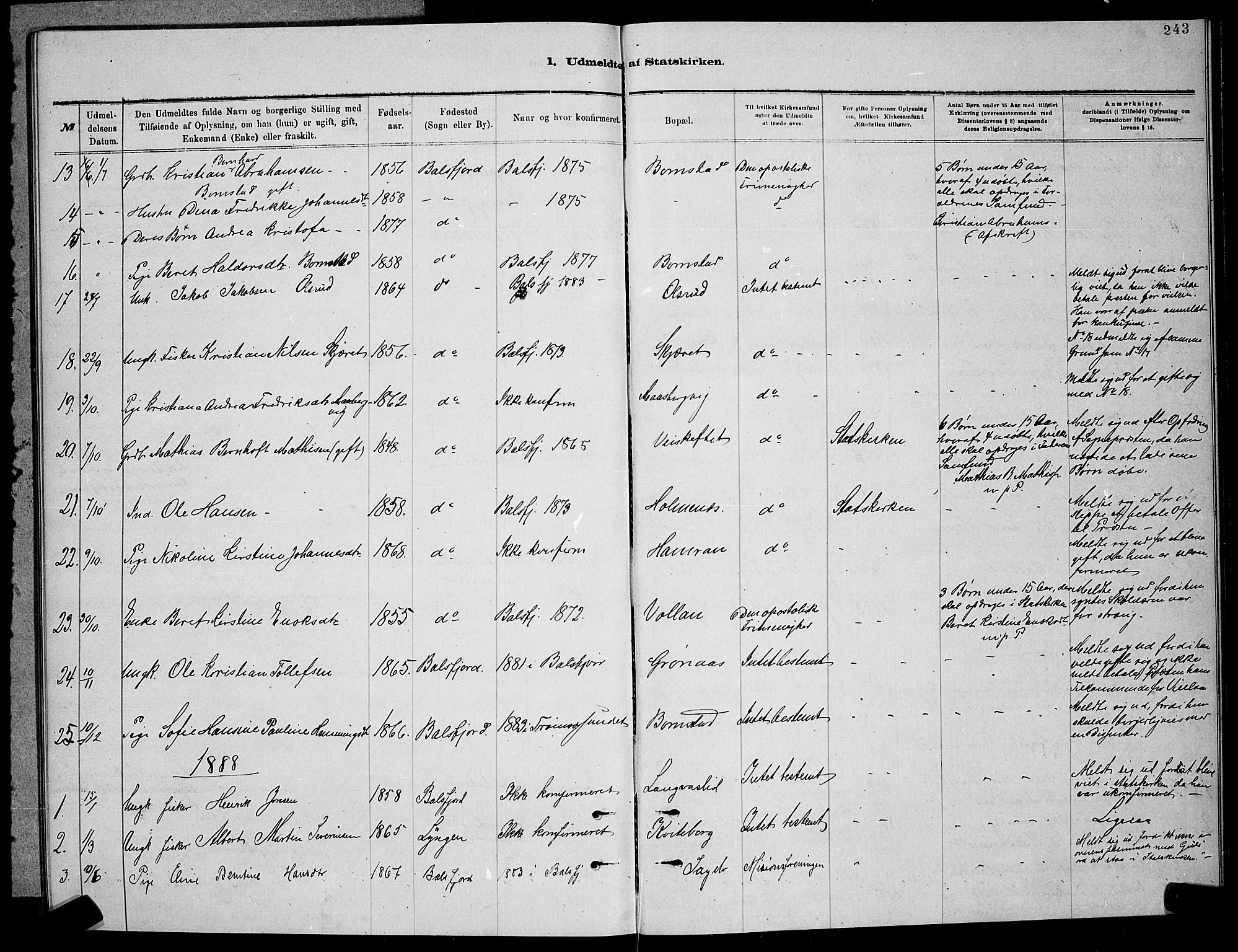 Balsfjord sokneprestembete, SATØ/S-1303/G/Ga/L0007klokker: Parish register (copy) no. 7, 1878-1889, p. 243