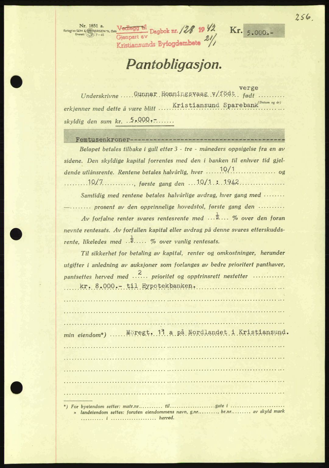 Kristiansund byfogd, AV/SAT-A-4587/A/27: Mortgage book no. 35, 1941-1942, Diary no: : 128/1942